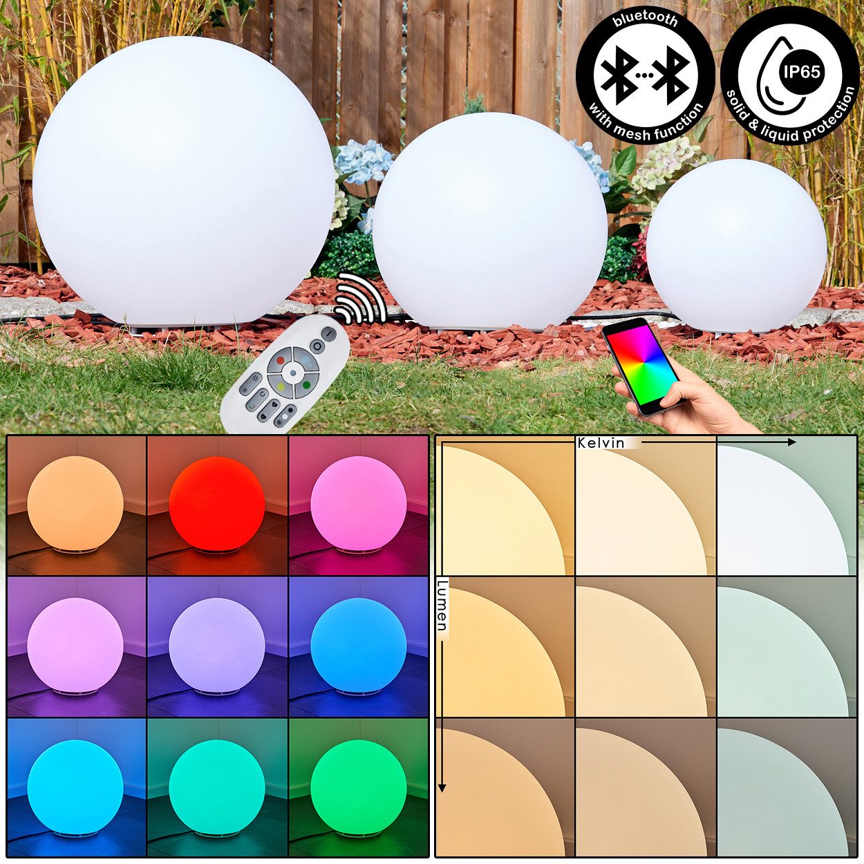 hofstein Pollerleuchte Kugellampe 2er Set, Kunststoff, Wegelampe Ø 30,39,50cm, Fernbedienung, RGB Wegelampe, CCT einstellbar 2700-6500, Farbwechsler, IP 65, E27