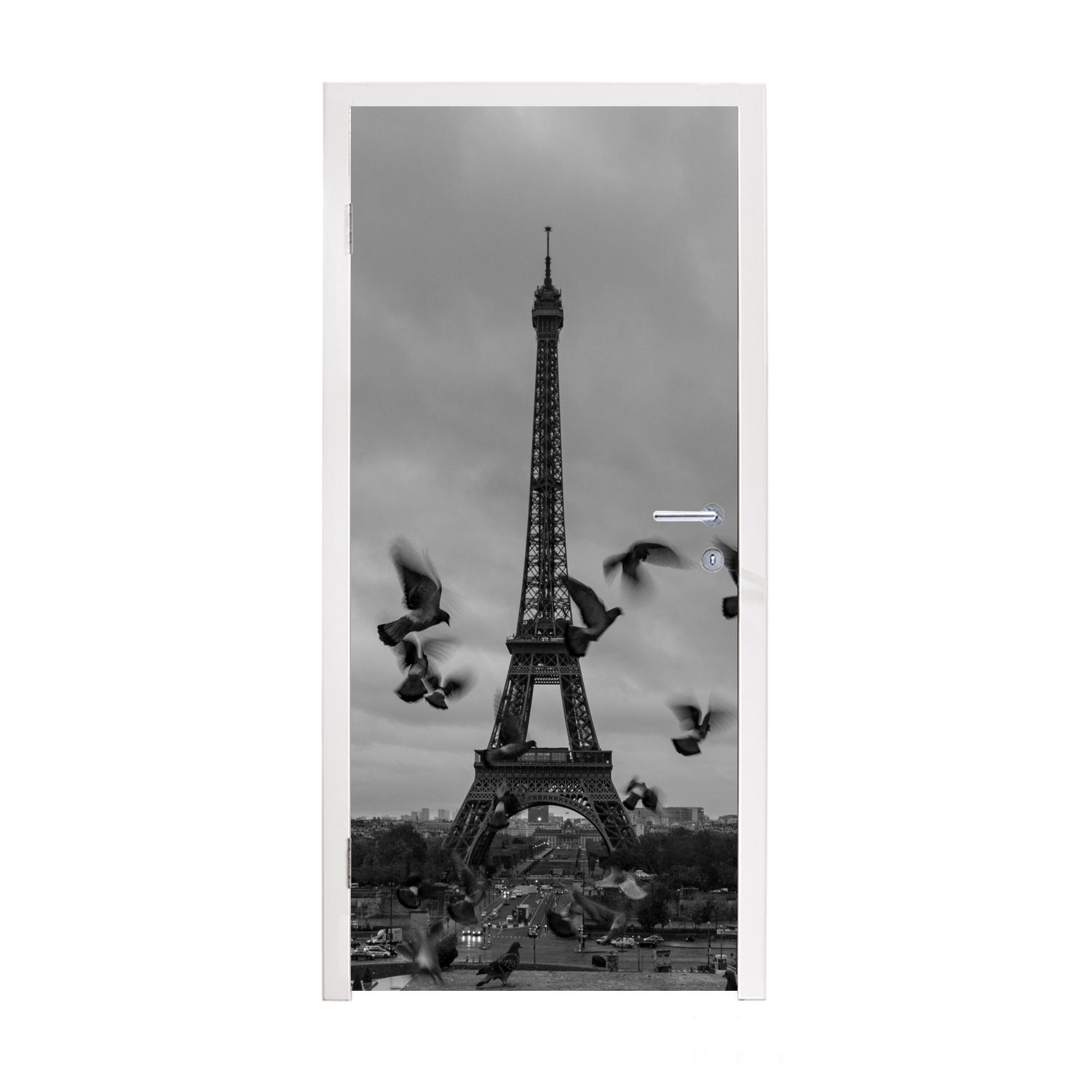 MuchoWow Türtapete Vögel vor dem Eiffelturm, Matt, bedruckt, (1 St), Fototapete für Tür, Türaufkleber, 75x205 cm