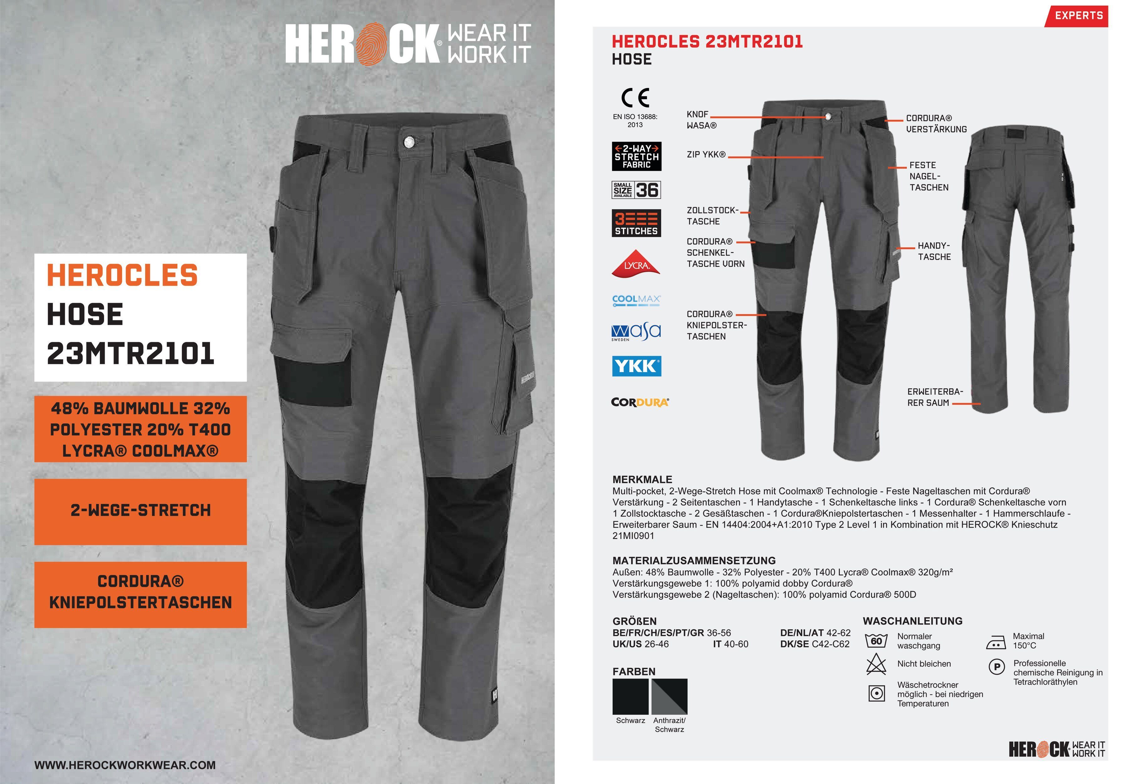 Nageltaschen feste Technologie) grau Herock HEROCLES Stretch, Arbeitshose sehr robust, Multi-pocket, (Coolmax®