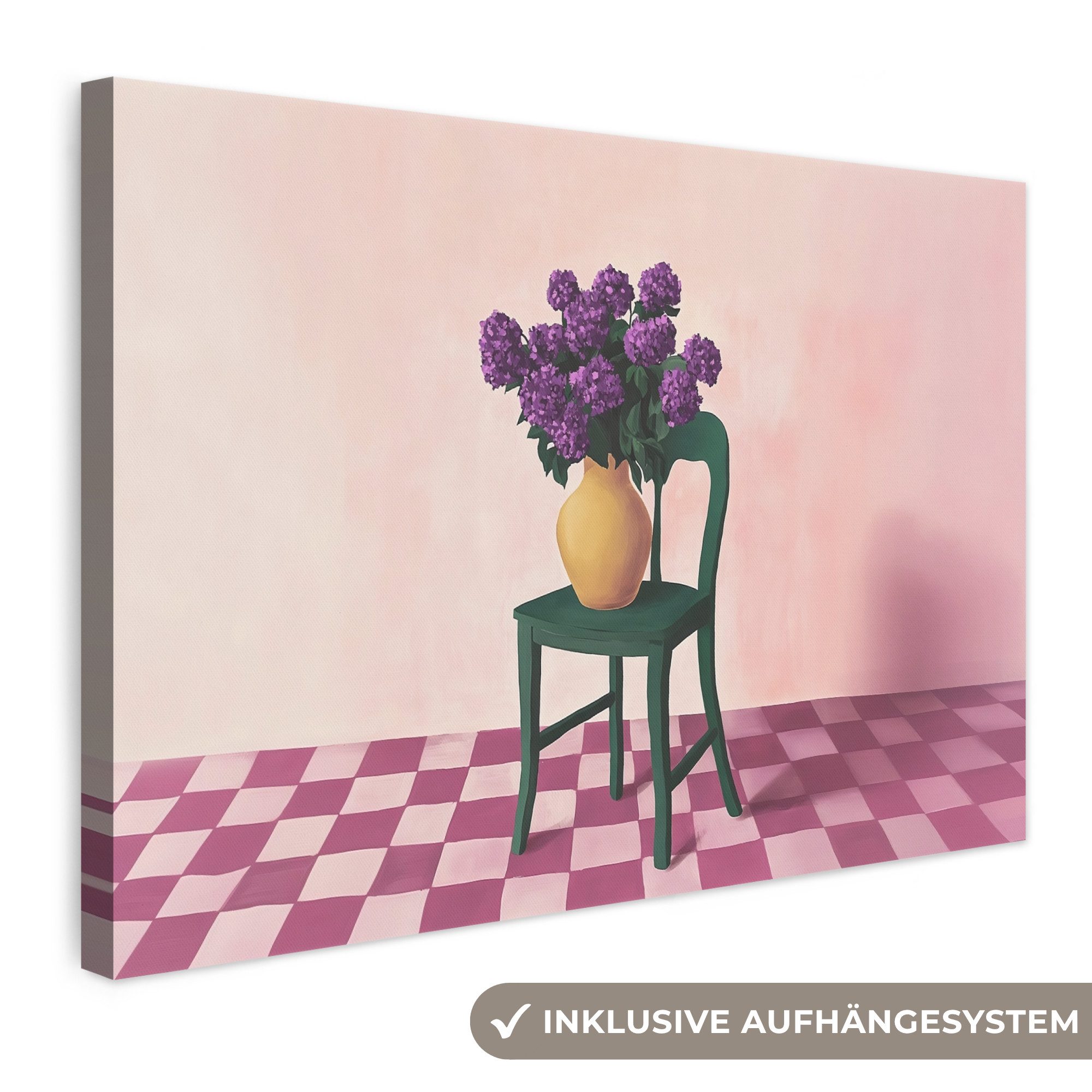 OneMillionCanvasses® Leinwandbild Stuhl - Vase - Blumen - Blockiert, Fotodruck (1 St), Leinwand Bilder Klein, Wand Dekoration Aesthetic 30x20 cm