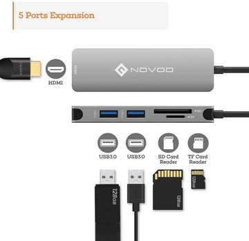 NOVOO 5 in 1 Adapter für technische Geräte, Anschlusserweiterung für den PC USB-Adapter USB-C zu USB 3.0 Typ A, SD Kartenleser, TF Kartenleser, HDMI, USB-C, Kompatibel mit Windows Laptop, Tablet, MacBook & Ipad