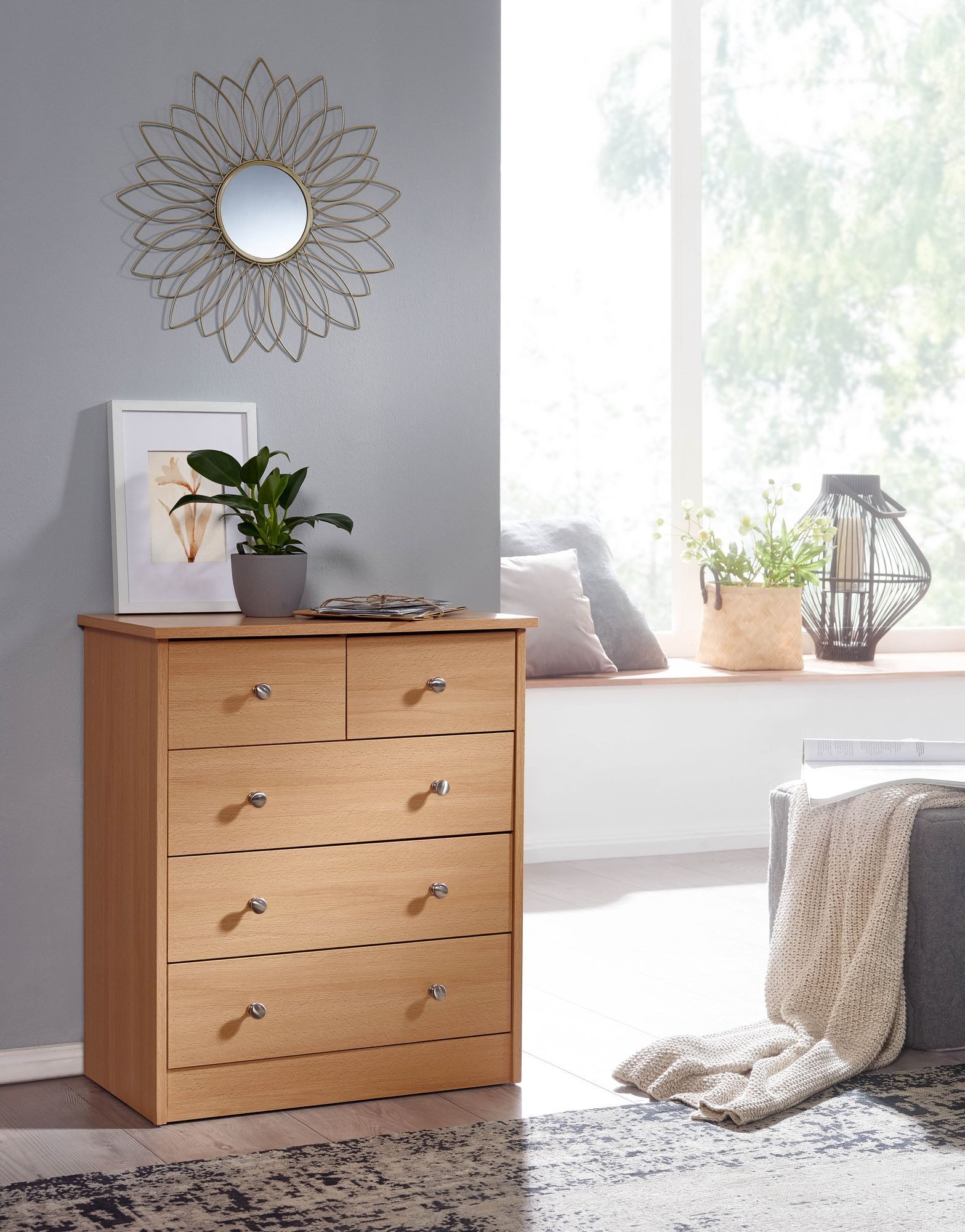 Wohnling Sideboard WL1.338 Kommode Buche 60 x 70 x 35 cm moderne Anrichte (Kommode 60x70x35 cm Buche mit 5 Schubladen Modern), Kommodenschrank Flur, Design Mehrzweckanrichte