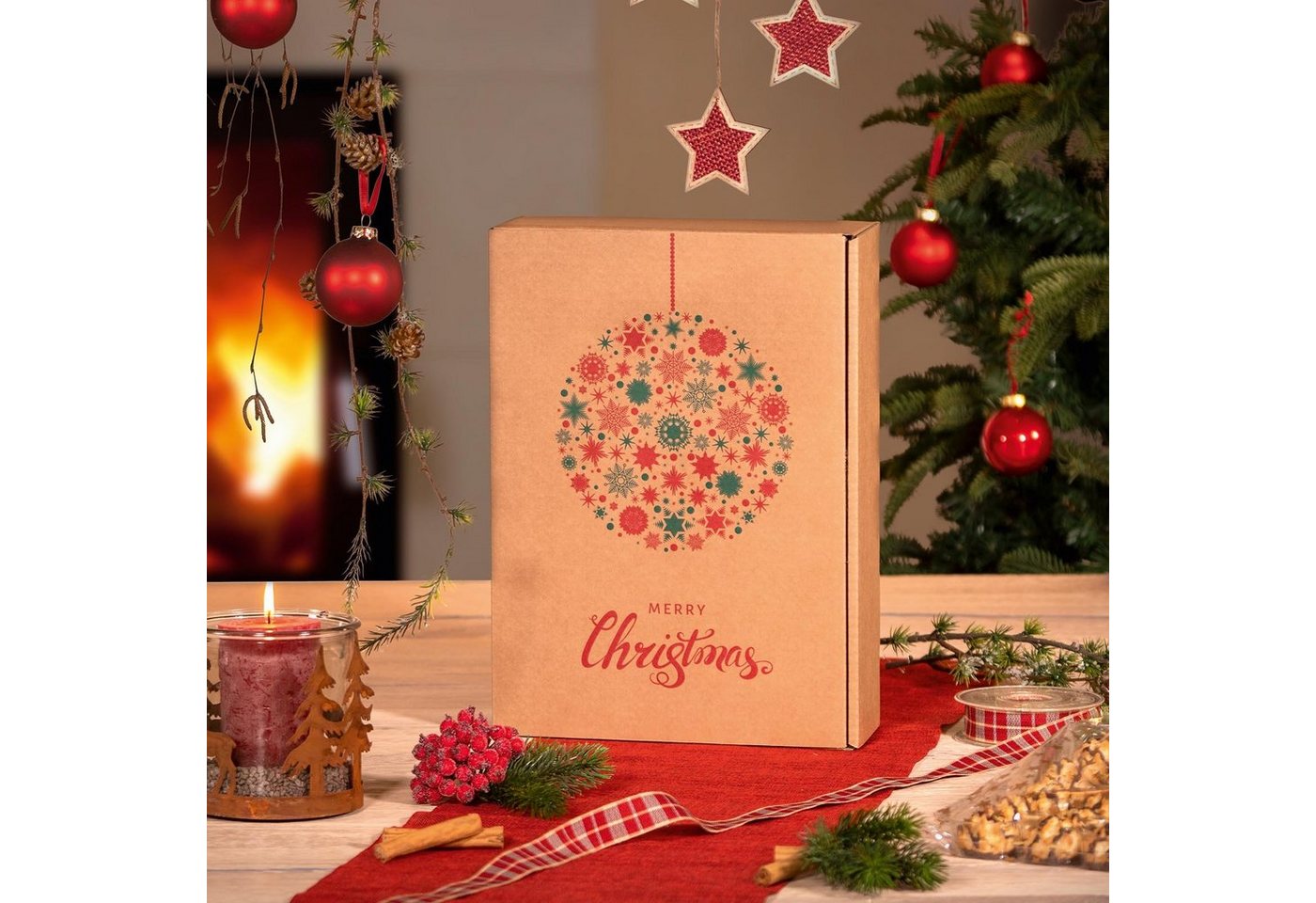 Thumbnail - KK Verpackungen Geschenkbox (500 St), Präsentkarton 3 Flaschen 360x250x90mm Kraftpapier Weihnachten Rot Grün