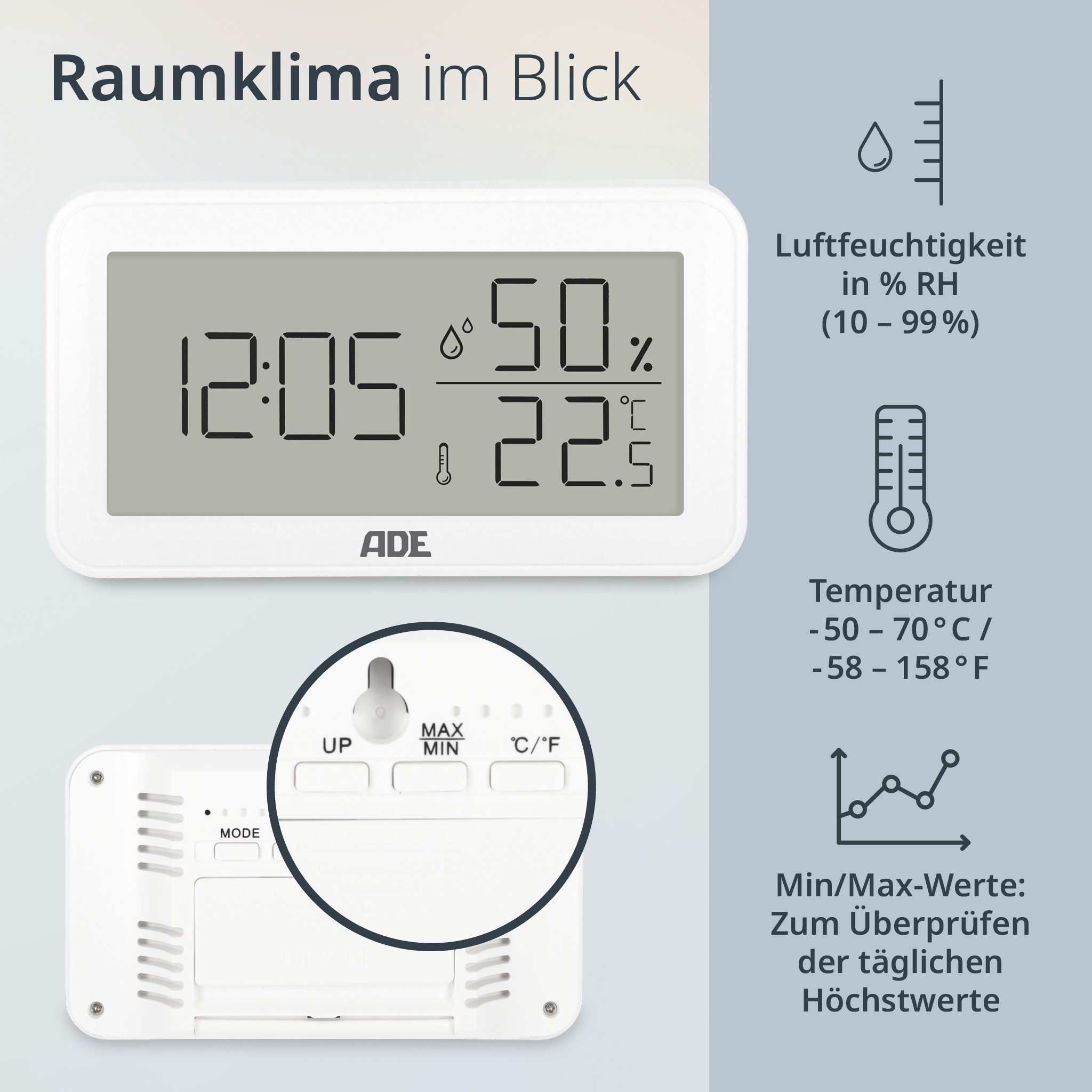 ADE Hygrometer Thermometer innen mit Luftfeuchtigkeit, Uhrzeit & Wecker, klein, Raumthermometer & Luftfeuchtigkeitsmesser zum Hängen und Stellen