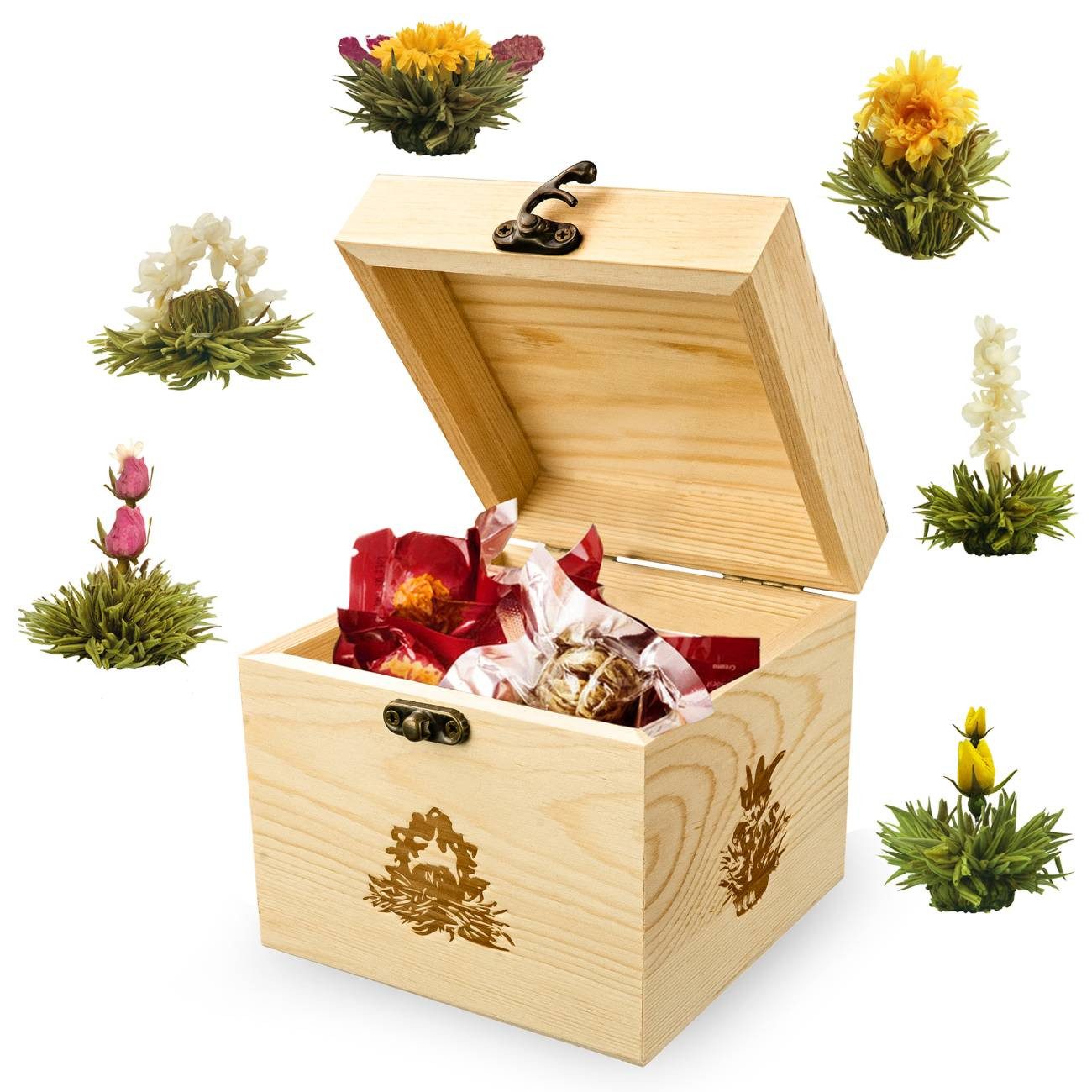 Creano Tee Teeblumen Mix Geschenkset mit 6 Teerosen, Weißer Tee in edler Teekiste, 1 x 1 St.