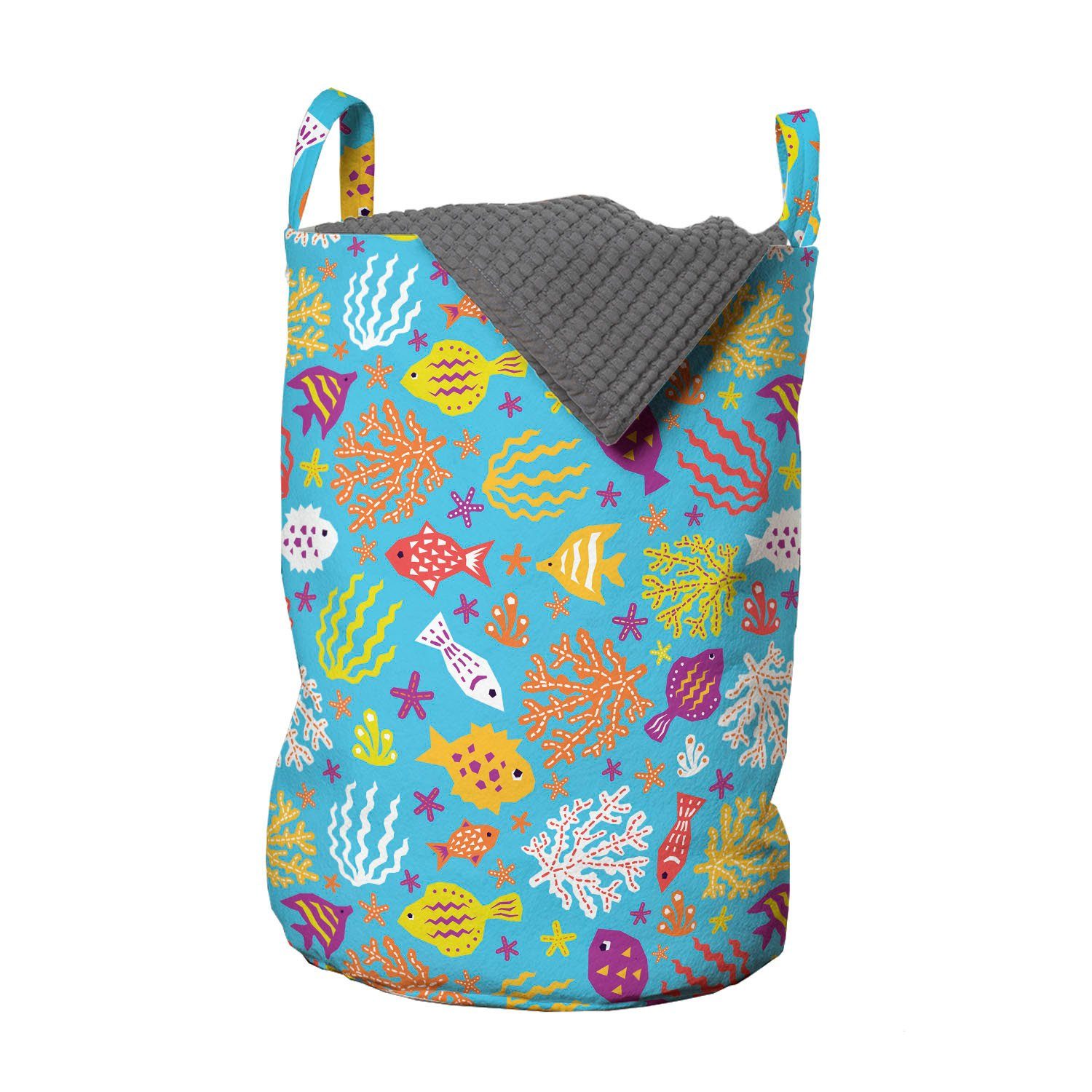 Abakuhaus Wäschesäckchen Wäschekorb mit Griffen Kordelzugverschluss für Waschsalons, Meeresfische Childish Aquarium Stil