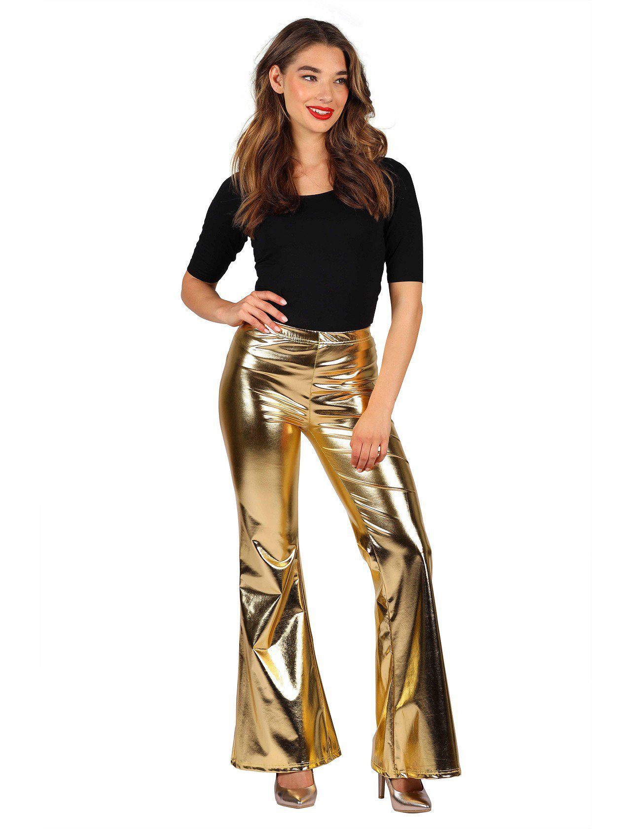 thetru Kostüm Disco Leggings für Damen gold, 70er Jahre Schlaghose mit Metallic-Schimmer