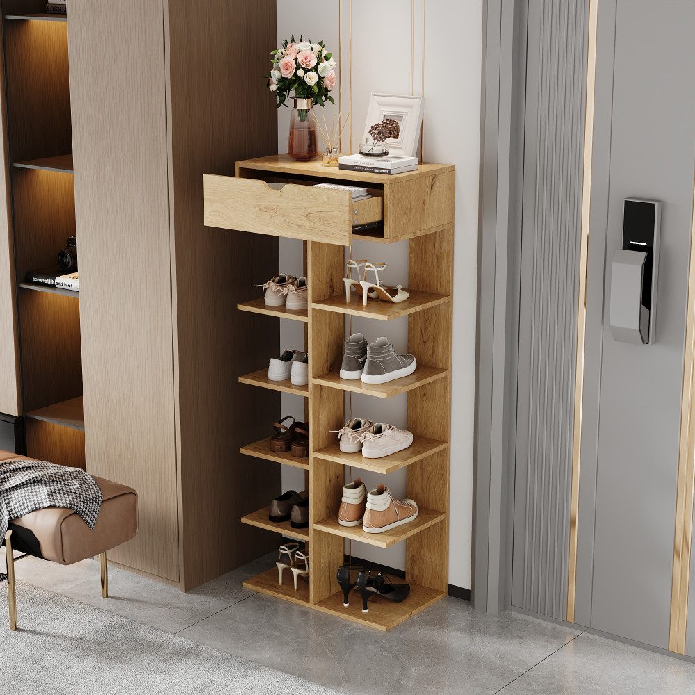 BBG Schuhregal Schuhschrank mit Schublade, 10 Fächer, offenes Schuhregal, mit viel Stauraum, Holzoptik, 55 × 33 × 133 cm