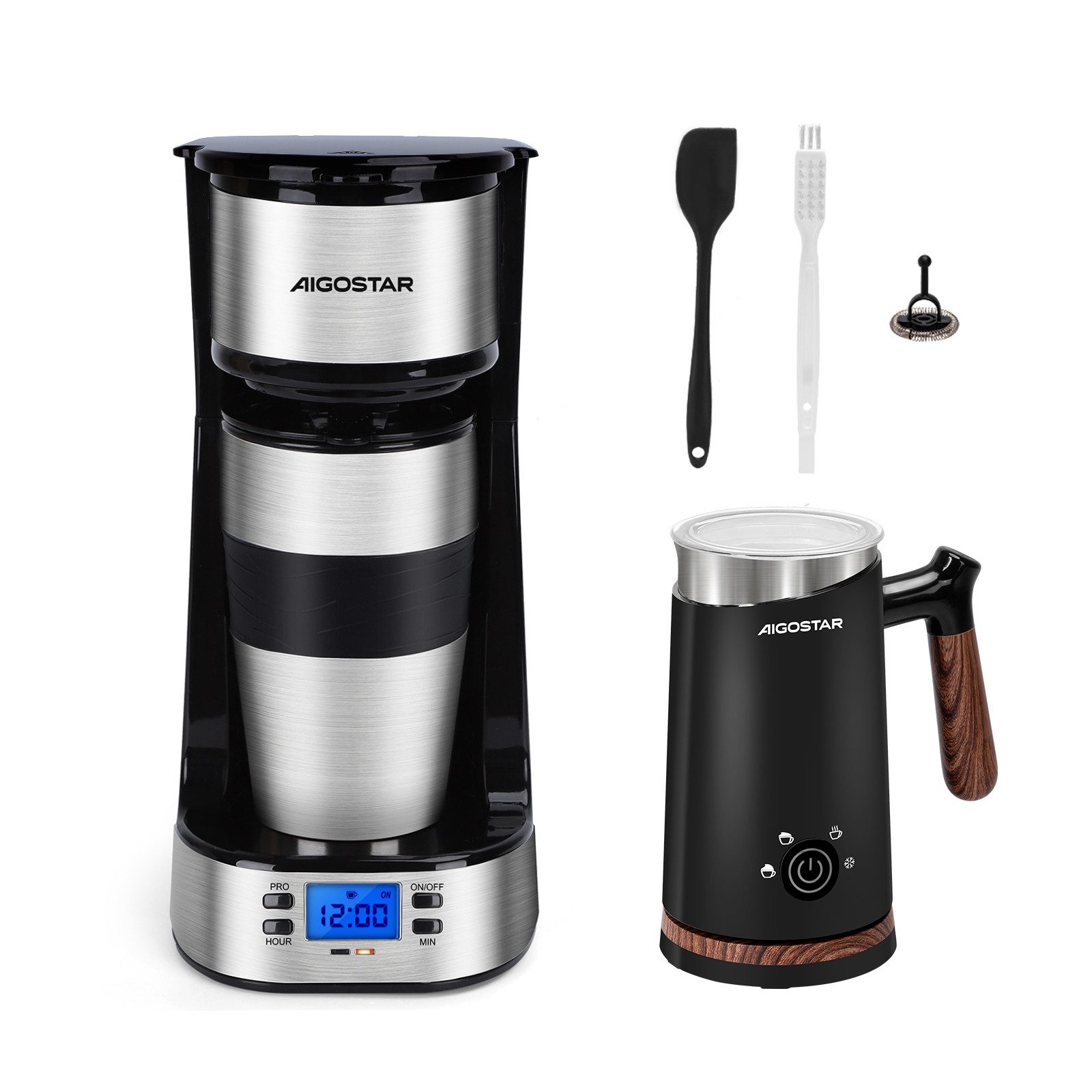 Aigostar Filterkaffeemaschine mit Thermobecher, 420 ml, 750W, AutoClean-Funktion, 24H Timer, Edelstahl, Abnehmbarer Filter, 750W, 420 ml, Mit 24h-Timer, LCD-Anzeige, AutoClean-Funktion