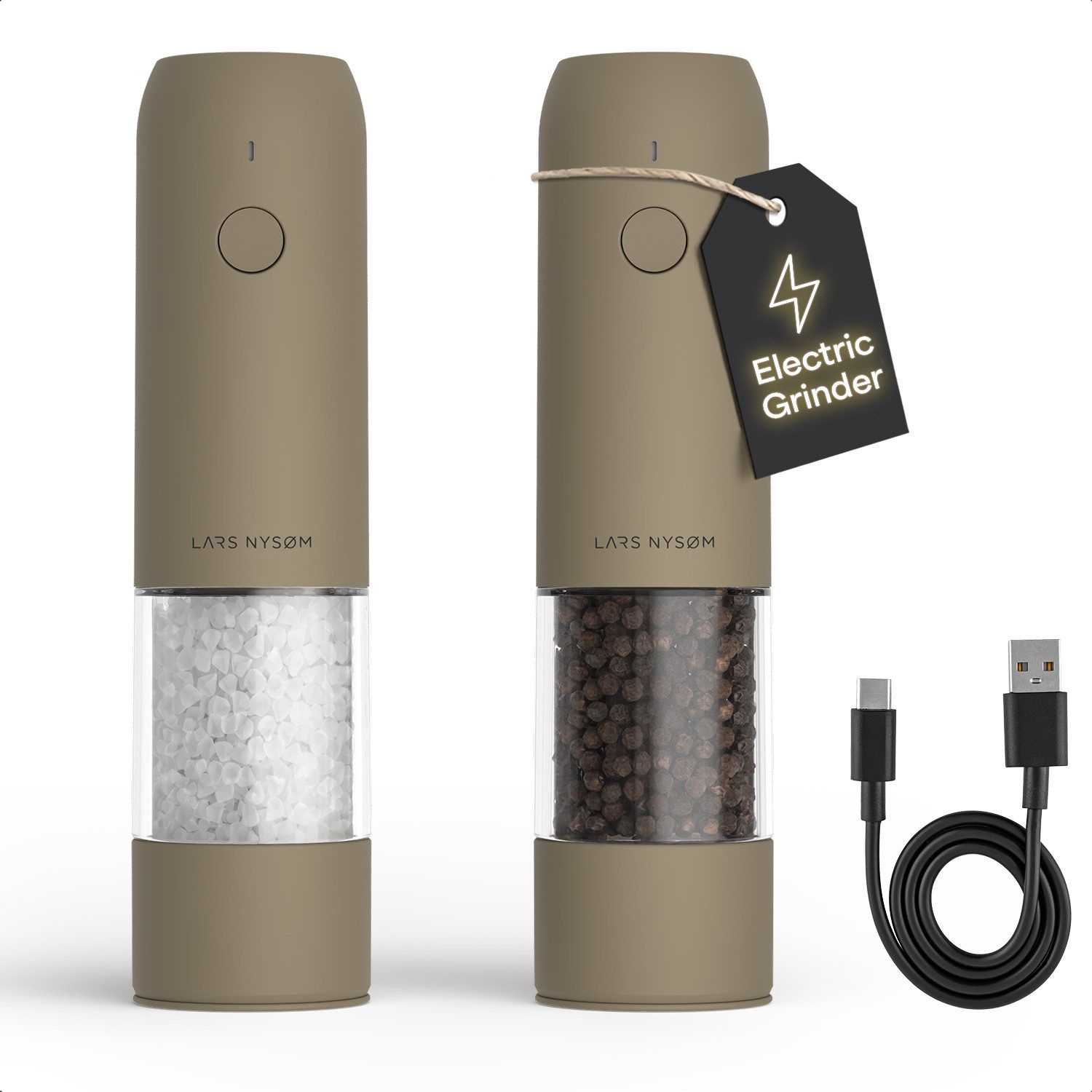 LARS NYSØM Gewürzmühle Kværne praktische Einhandbedienung per Drucktaste, (2 Stück), elektrische Salz- & Pfeffermühle mit eingebautem LED-Licht