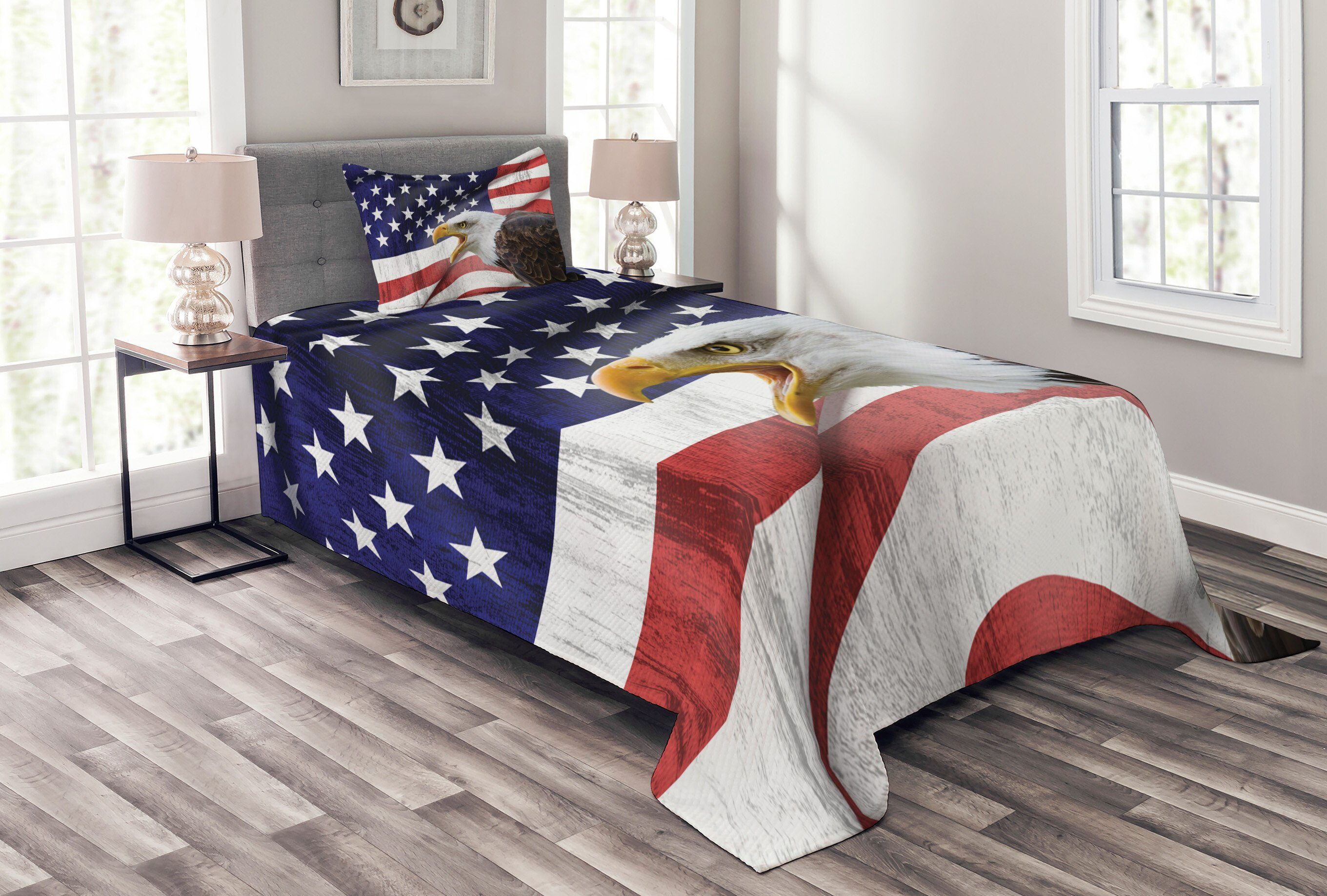 Tagesdecke Set mit Kissenbezügen Waschbar, Abakuhaus, Amerikanische Flagge Bald Eagle