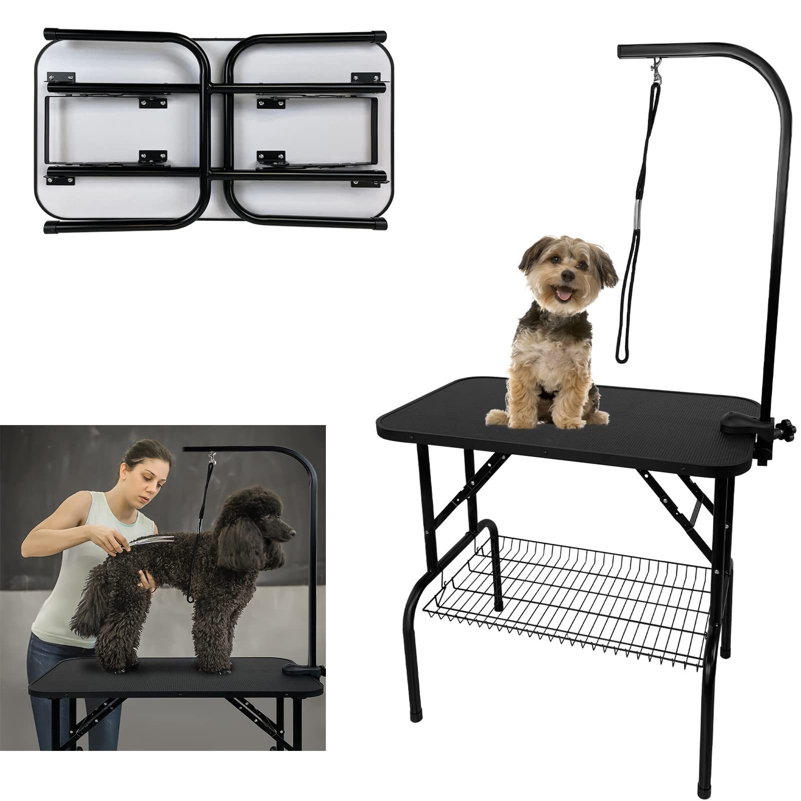 FIVMEN Hundeschermaschine Trimmtisch für Hunde, Hundepflegetisch, Tierpflegetisch, Schwarz, Edelstahl Klappbar Höhenverstellbar Schwarz