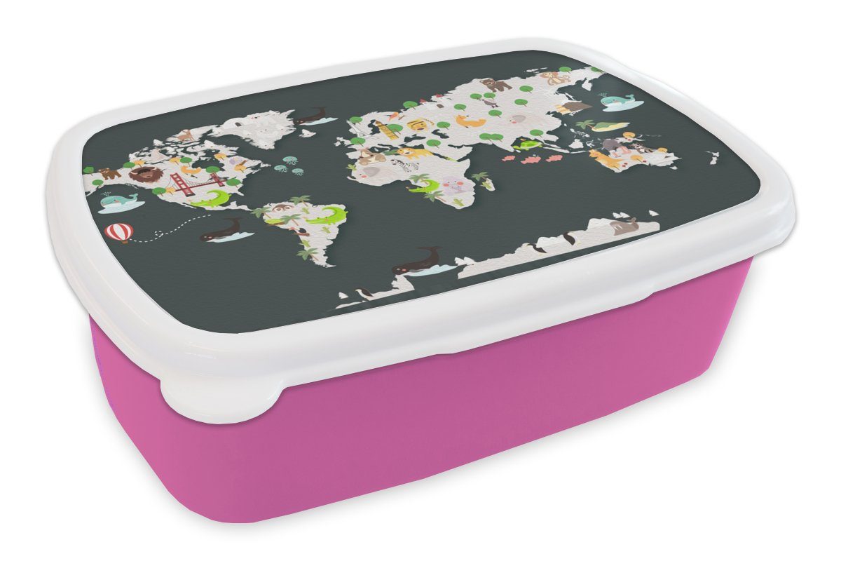 - rosa Snackbox, Kunststoff Mädchen, Tiere, - Brotdose Brotbox Erwachsene, für Kunststoff, (2-tlg), Lunchbox Kinder, Kinder MuchoWow Weltkarte