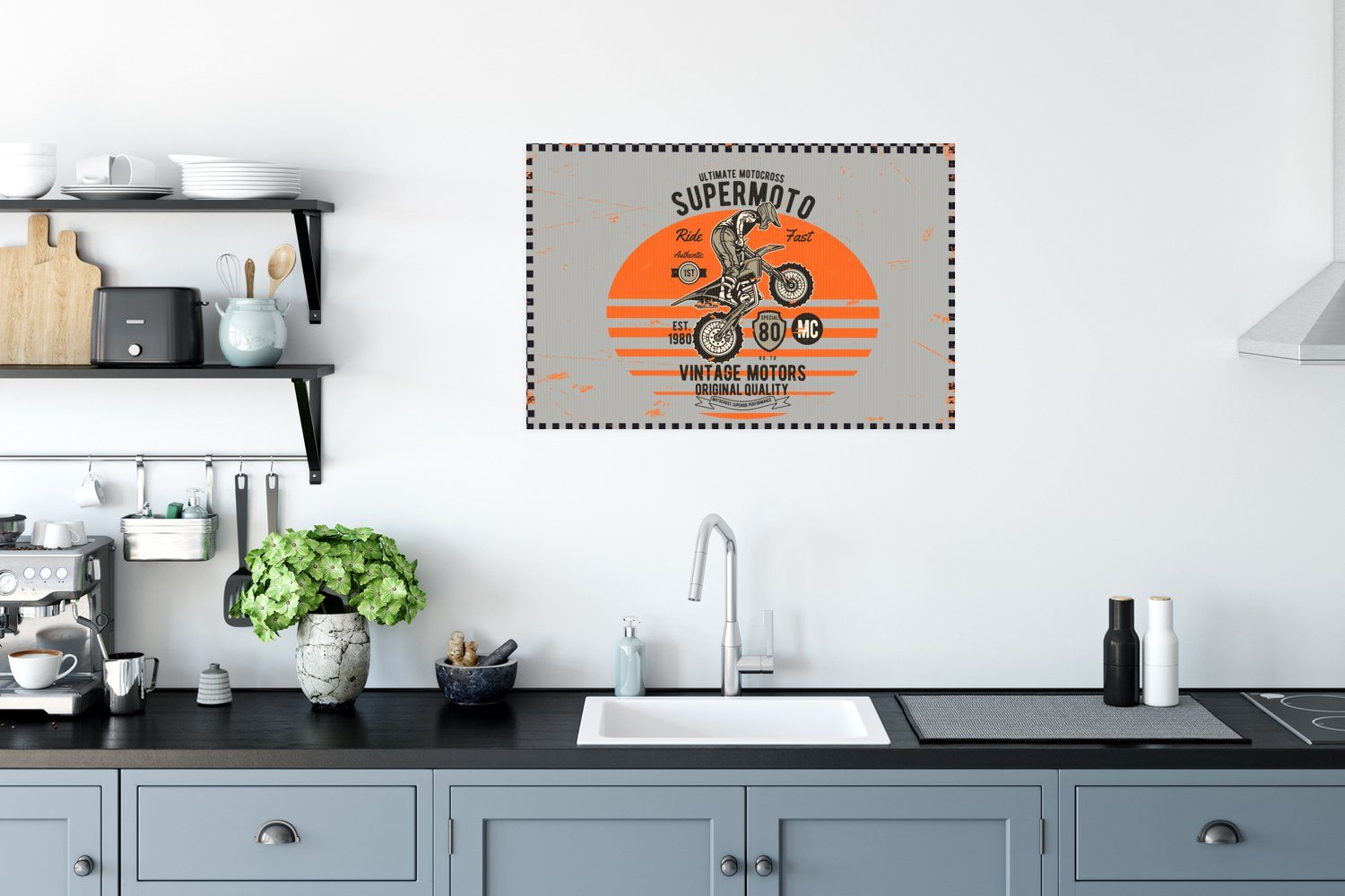 Wandbild, Orange Ohne Mancave Vintage Wandposter Motorrad - - St), Poster Poster, Wohnzimmer, MuchoWow Rahmen Grau, für - - (1