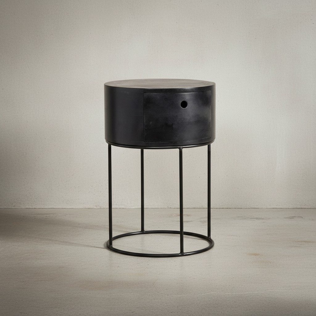 KADIMA DESIGN Nachttisch Nachtkonsole Mango Massivholz Metall 40x40x60 cm Nachttisch Schwarz (Nachtkästchen mit Stauraum), Design Nachtkommode Rund Boxspringbett mit Schublade