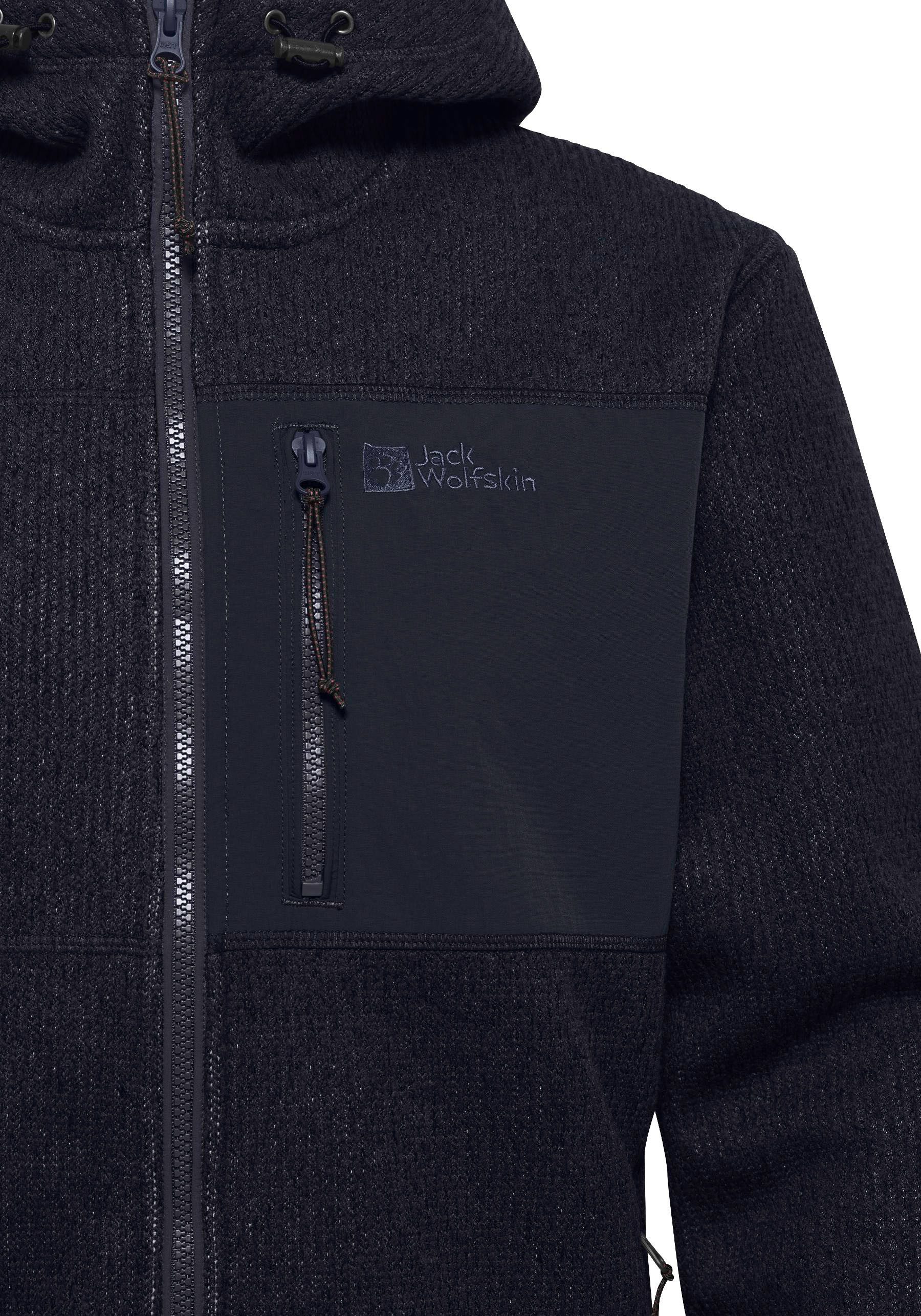 Jack Wolfskin Strickfleecejacke KAMINFEUER mit gefütterter Kapuze, hochschließender Kragen, maschinenwaschbar
