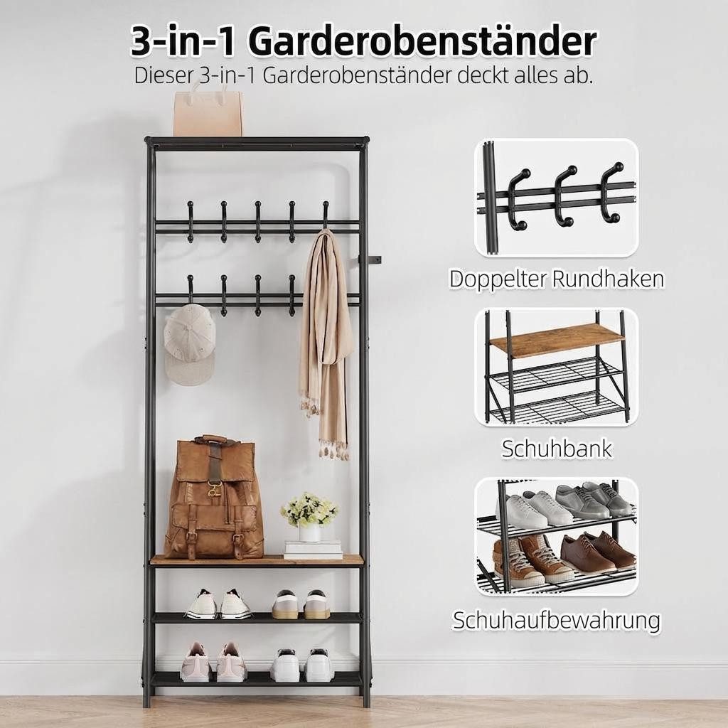 GarveeMore Garderobenständer Garderobenständer Kleiderständer mit Schuhbank,4-in-1 Design Garderobe – Bild 2 von 5