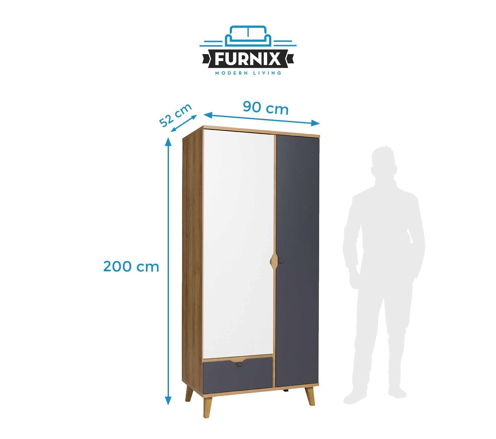 MEMIS Kleiderschrank H200 cm T52 Gold Eiche Kleiderschrank B90 cm Eiche 2-türiger 90 Furnix oder Garderoben x Gold/Grau/Weiß x