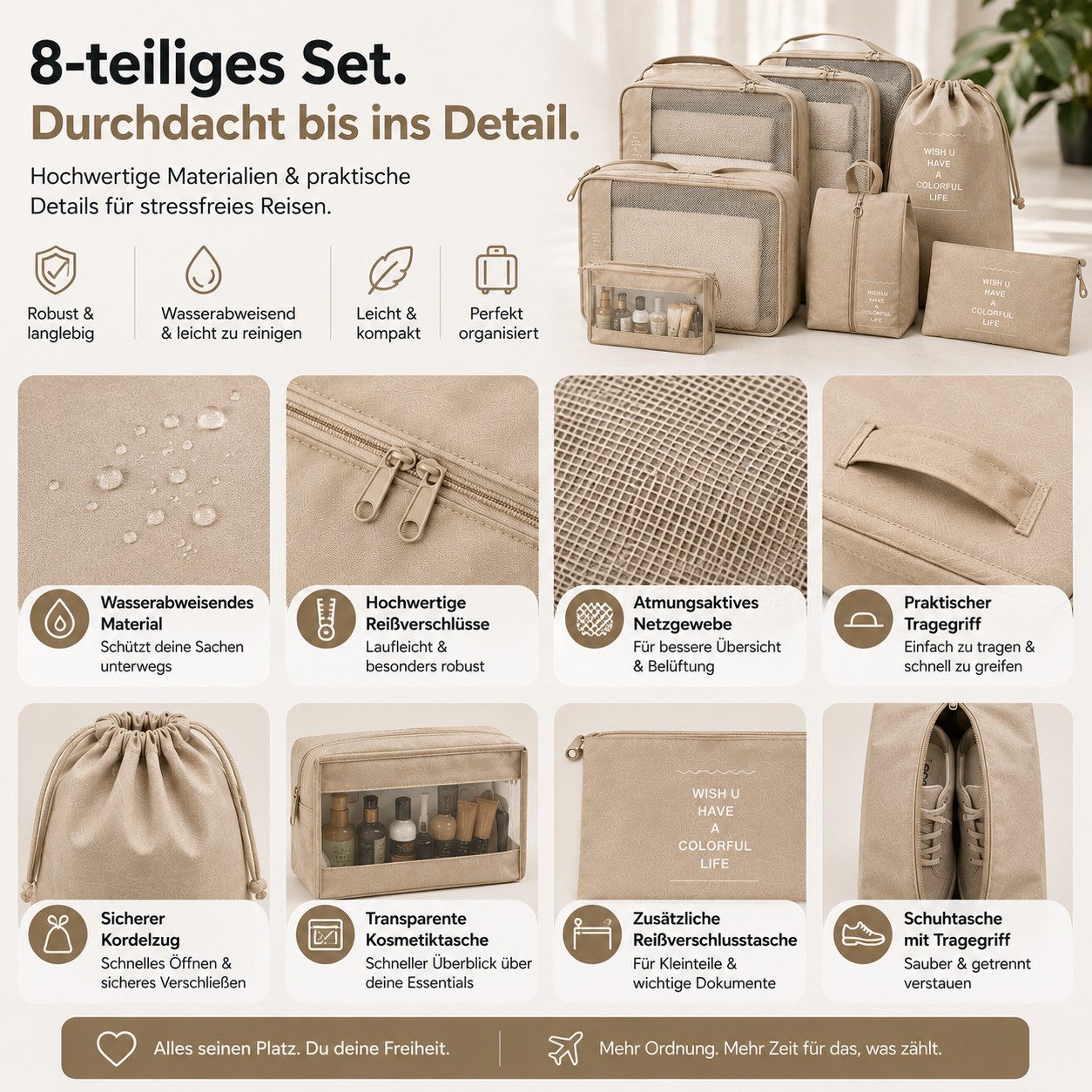 Everhomely® Kofferorganizer Kofferorganizer 8er mit Kosmetiktasche – Packtaschen Packwürfel Reisen (Set, 8er Set)