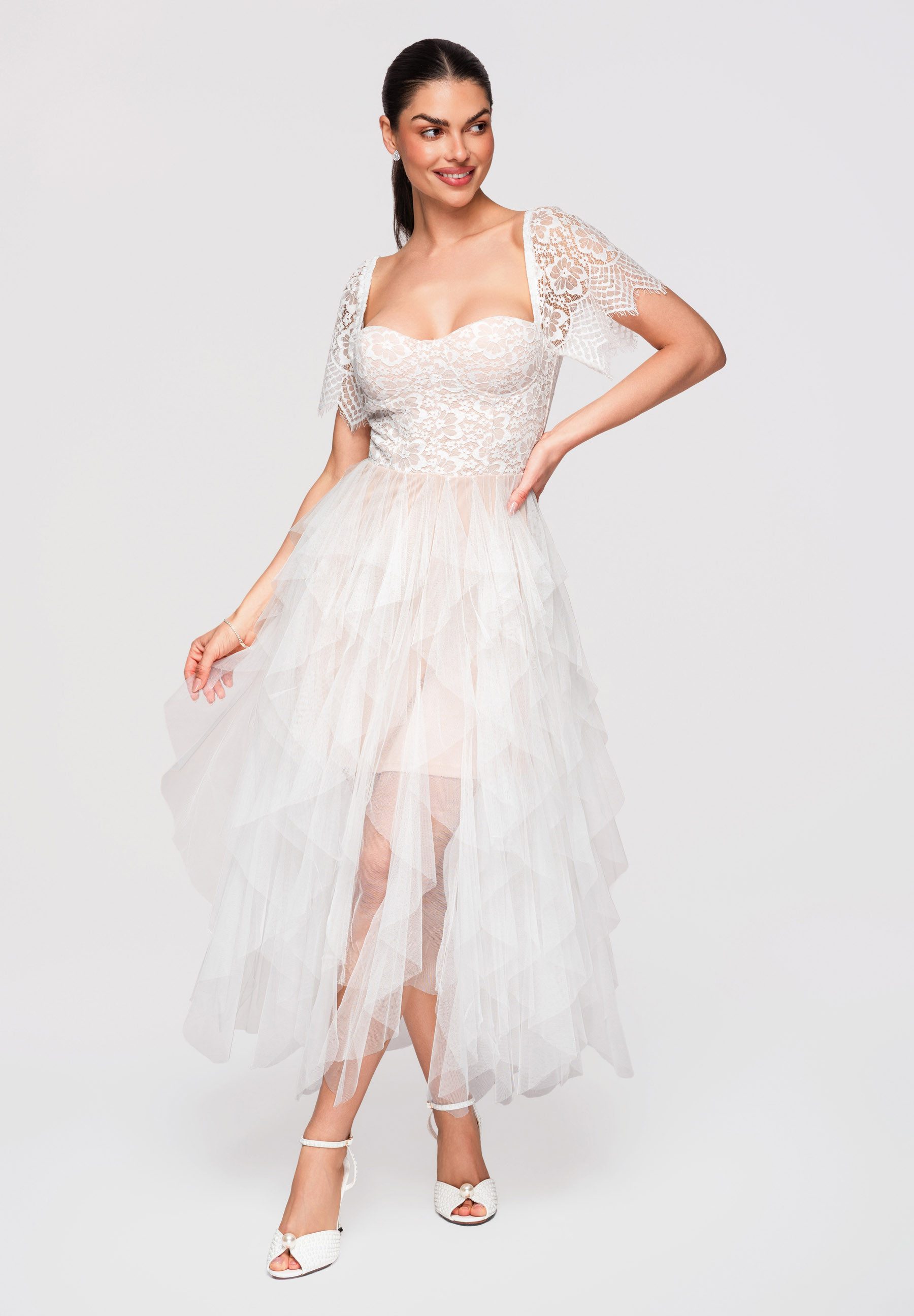 OMBRE Abendkleid Cocktailkleid Spitze Tüll Midi Weiß S (kein Set, 1-tlg) Mehrlagiger Tüllrock, florale Spitze