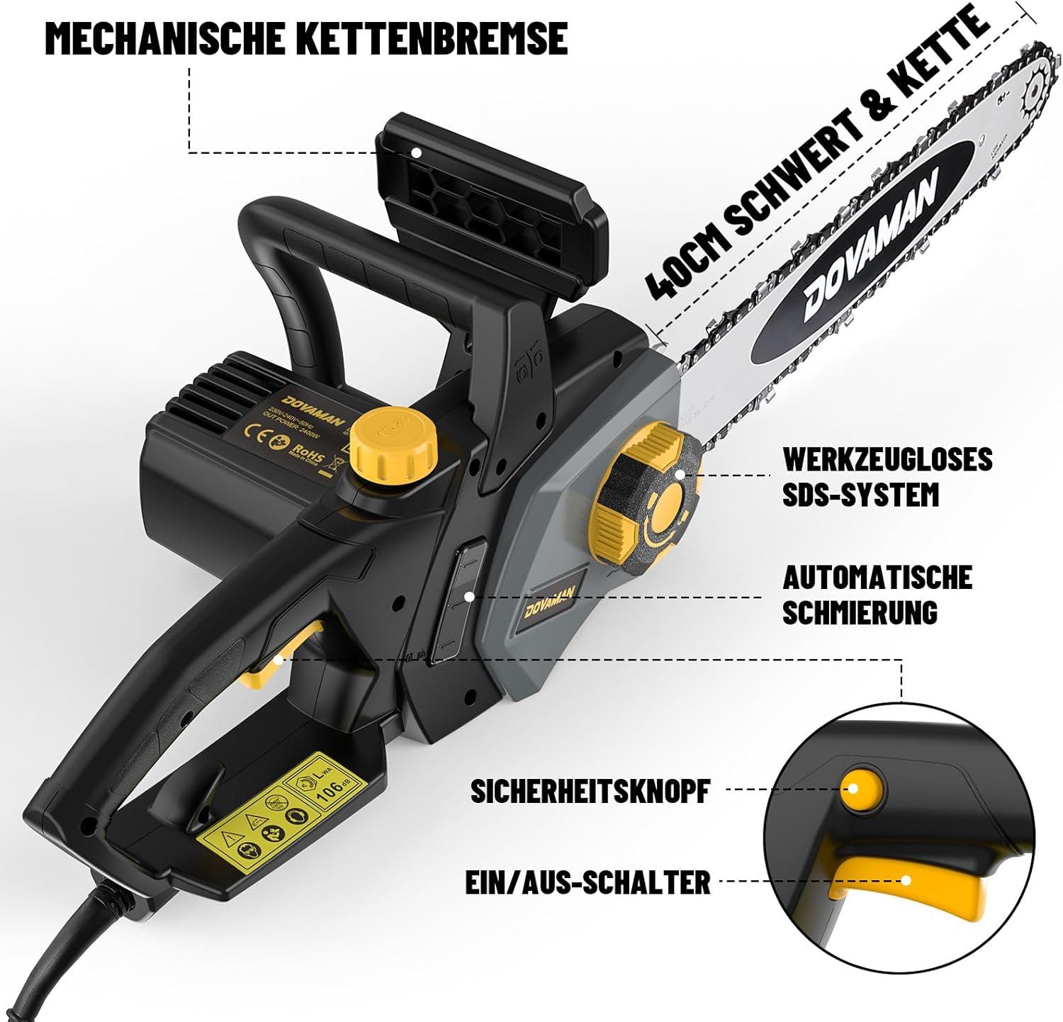 DOVAMAN Elektro-Kettensäge 2400W Werkzeugloses Ein-Schritt-Spannen, 40cm Schiene und 2 Ketten – Bild 5 von 5