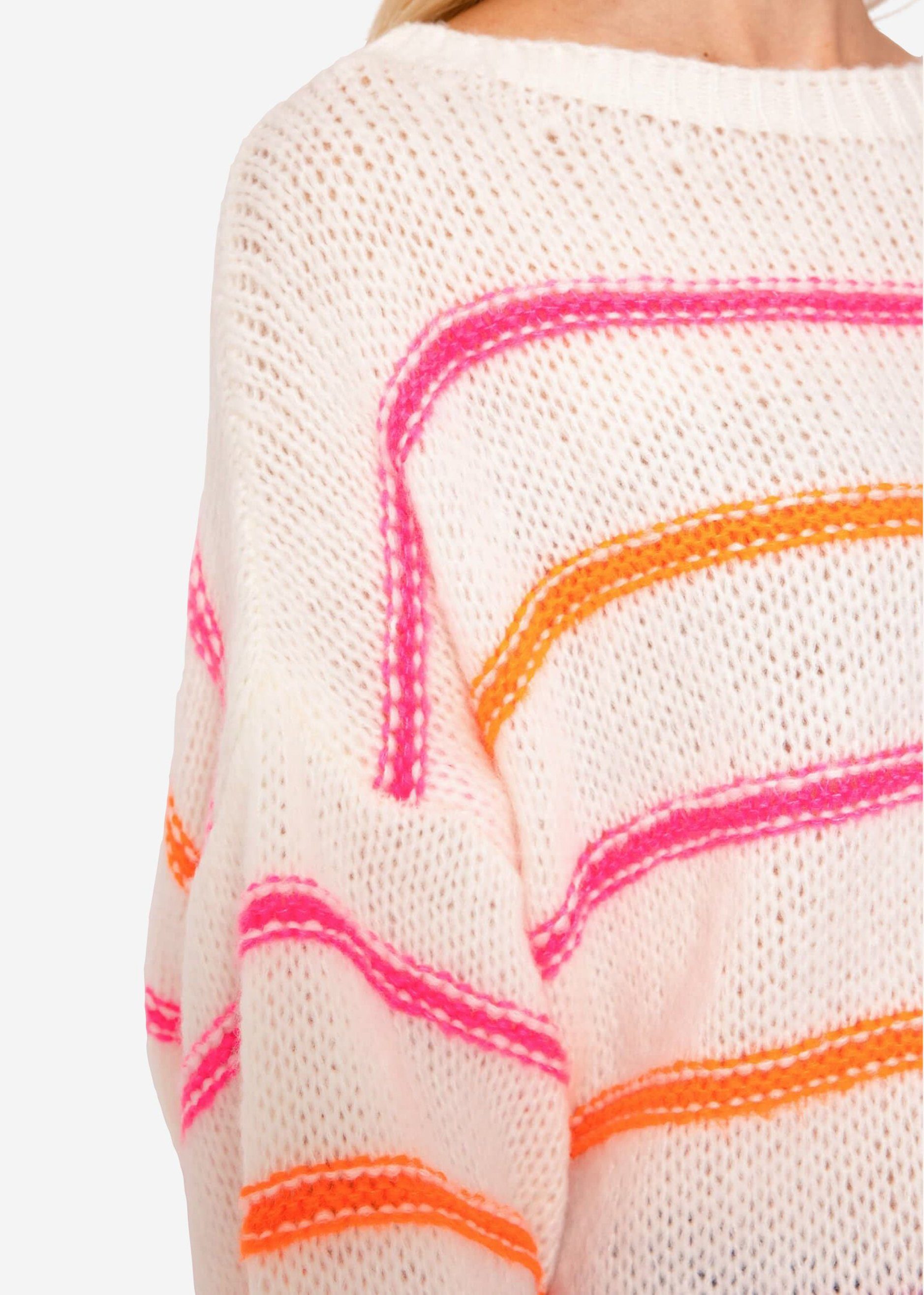 Strickpullover Rundhalsausschnitt mit Made Pink, Damen Oversize SASSYCLASSY aus Orange Grobstrick weitem weichem Lässiger in Pullover Strickpullover Offwhite, Italy
