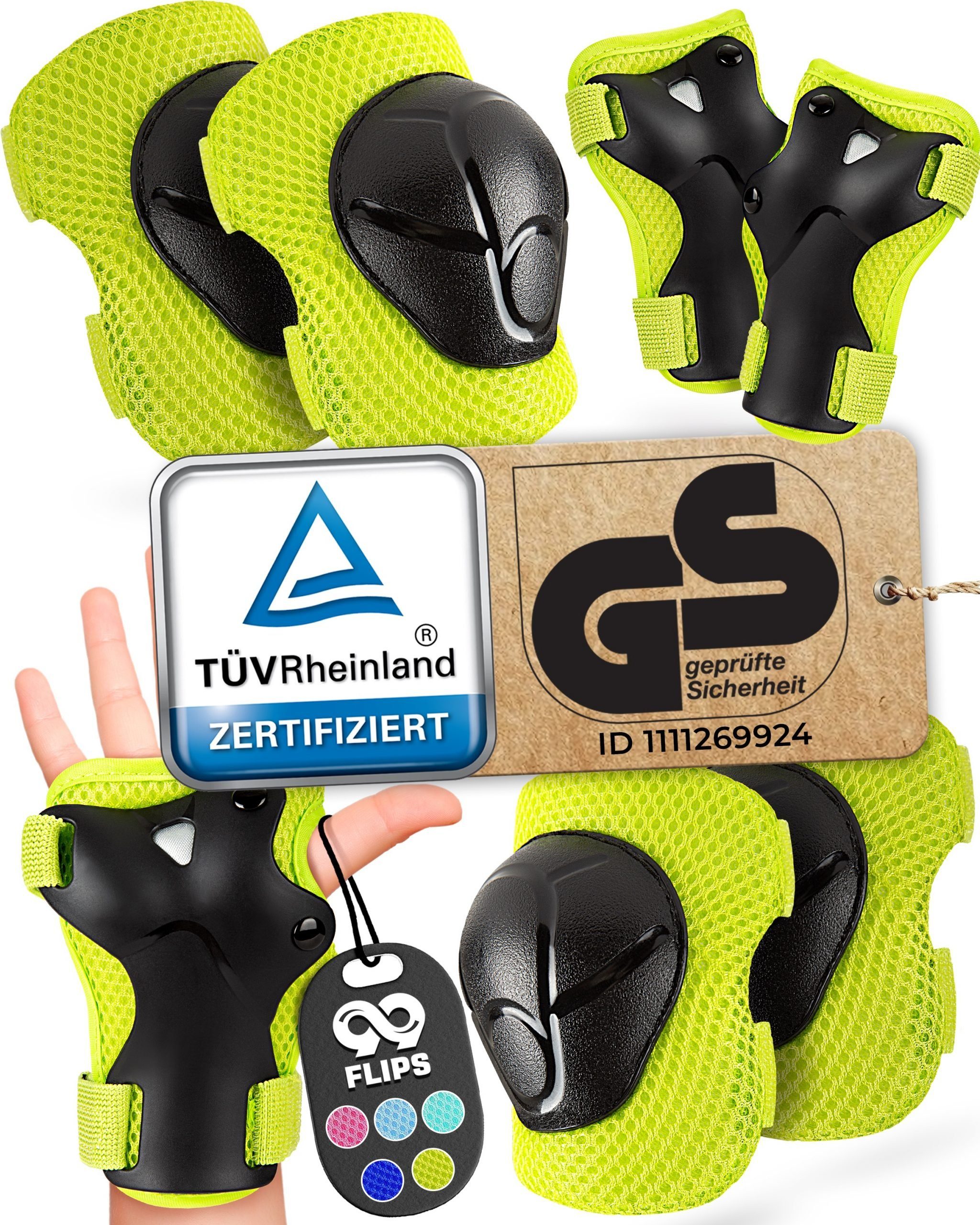 99FLIPS Protektoren-Set Schoner Inliner skates Kinder Set Skateboard Protektoren Schützer (Knieschoner Kinder Schutzausrüstung für Rollschuhe & Skateboard, 6-tlg., Knieschützer, Ellenbogen Schützer & Handschützer inkl. Tasche), Schlittschuhe Schoner Gesch