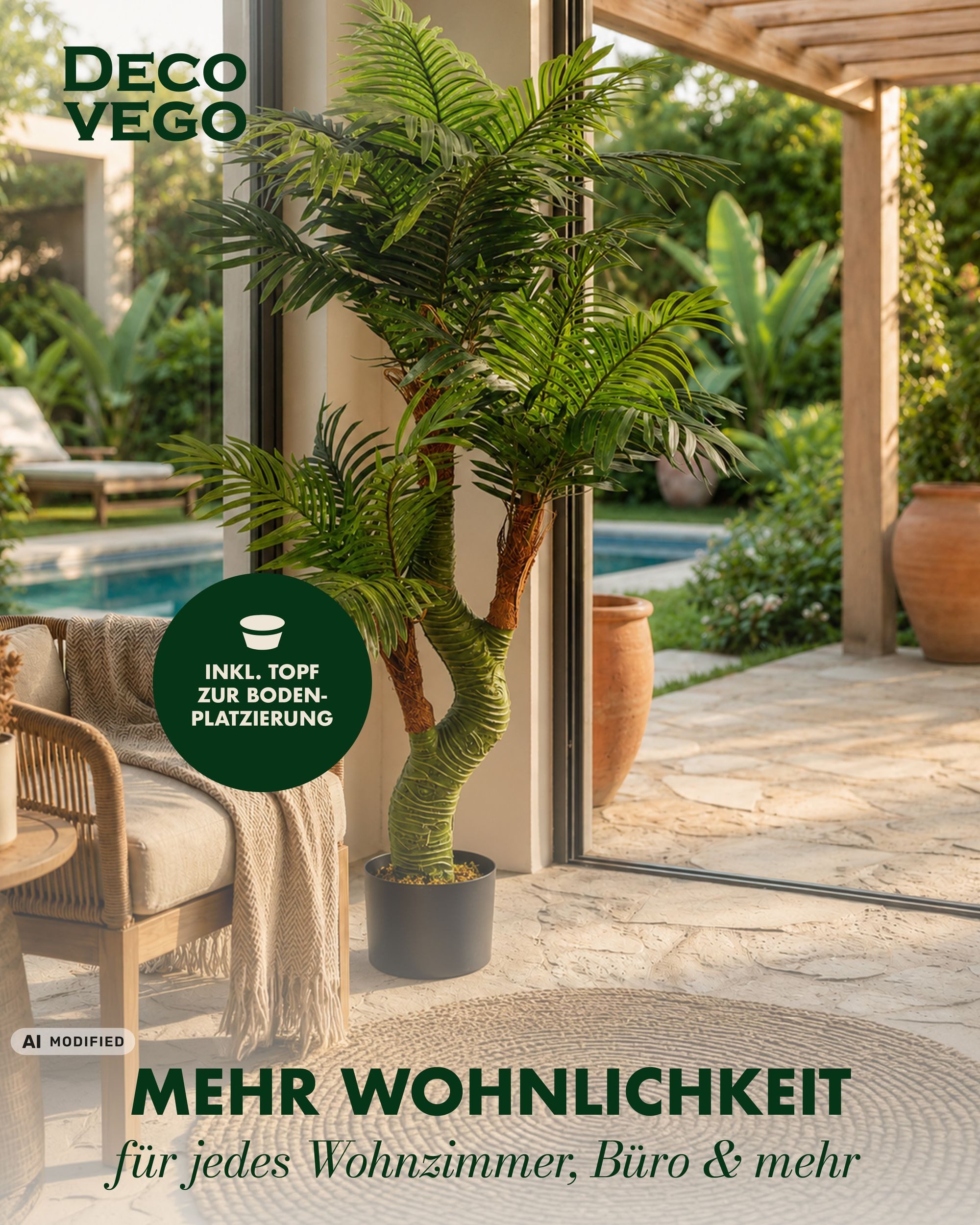 Kunstpalme Palme Cycuspalme Kunstpflanze Künstliche Pflanze mit Topf 165 cm Cycuspalme, Decovego, Höhe 165 cm – Bild 3 von 5