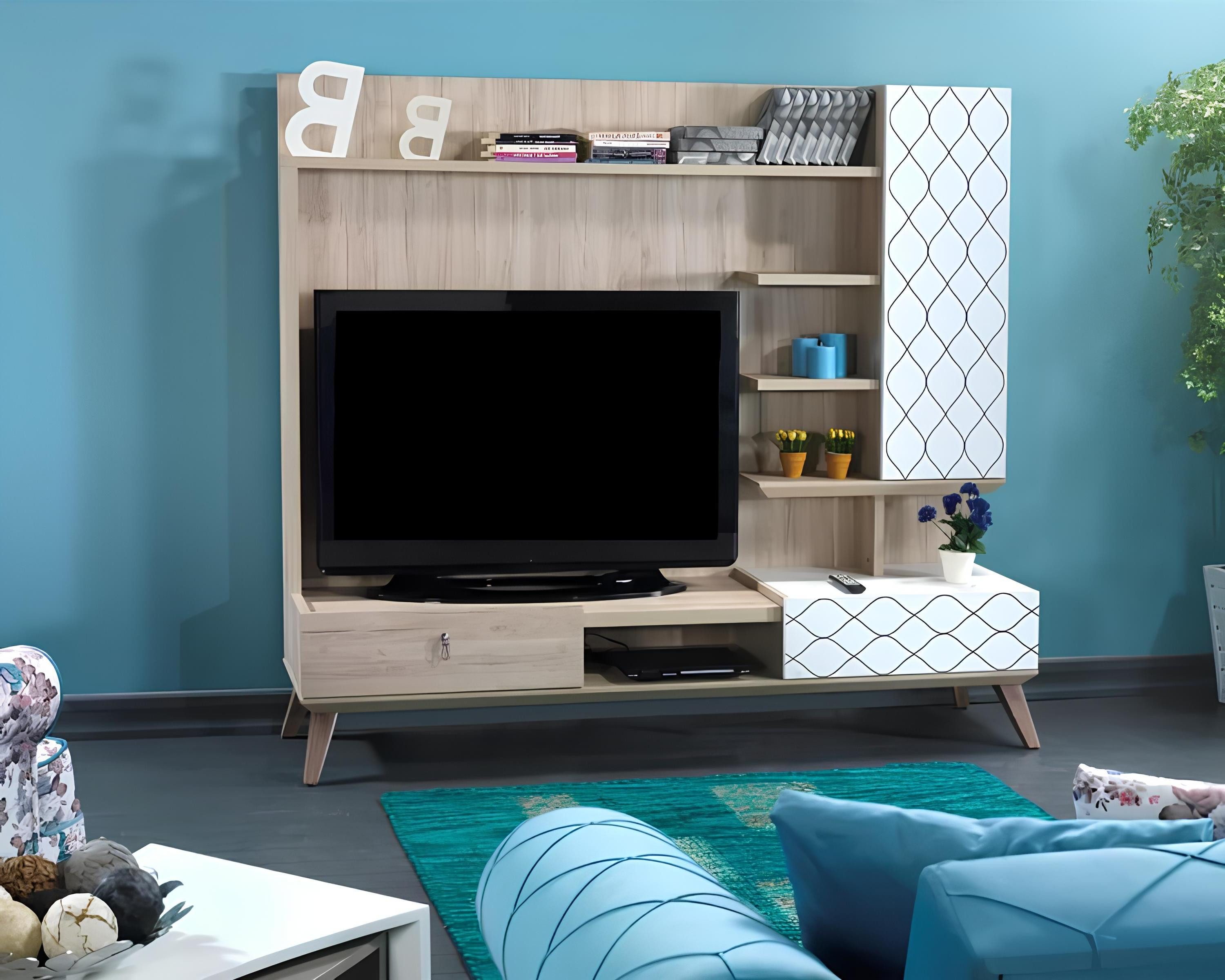 Wohnwand rtv Wohnwand aus Holz mit Vitrine und Regal für modernes Wohnen
