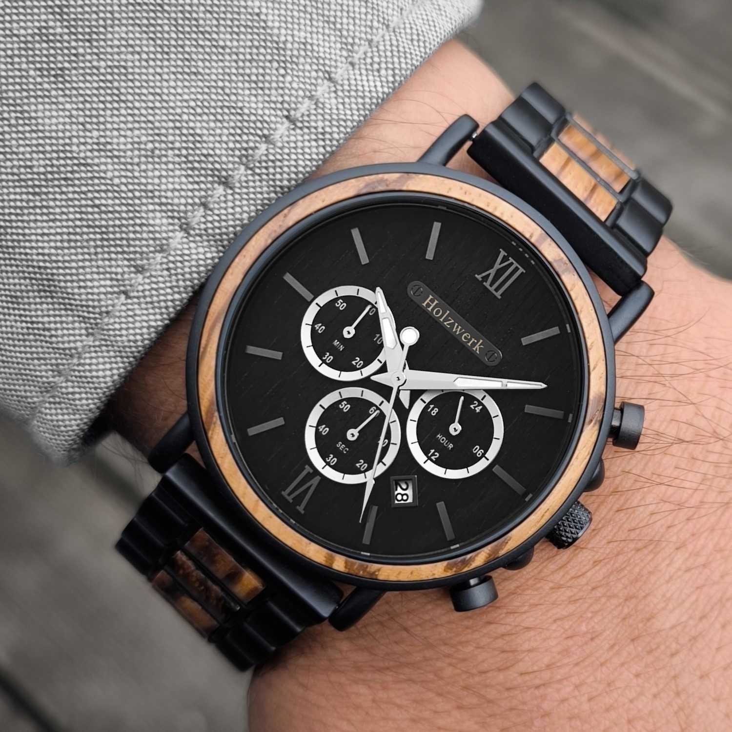 Holzwerk Chronograph Herren Designer Edelstahl & Holz Armband Uhr mit Datum, (inklusive Armbandkürzer), Holz Unikate, ideal auch als Geschenk, Quarzuhrwerk