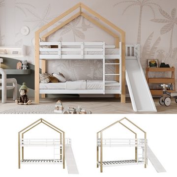 Ulife Etagenbett Kinderbett Hausbett mit Rutsche und dreistufiger Winkelaufstiegsleiter, Weiß+Natur, 90x200cm