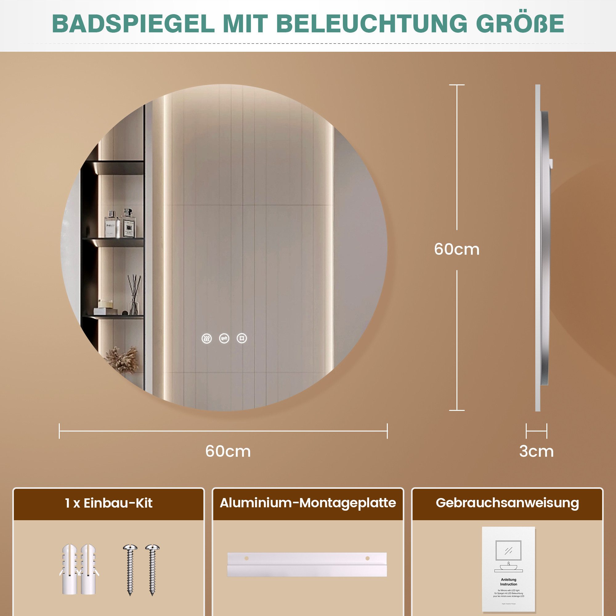 PESENXAN Badspiegel mit Beleuchtung, Runder LED-Badezimmerspiegel günstig online kaufen