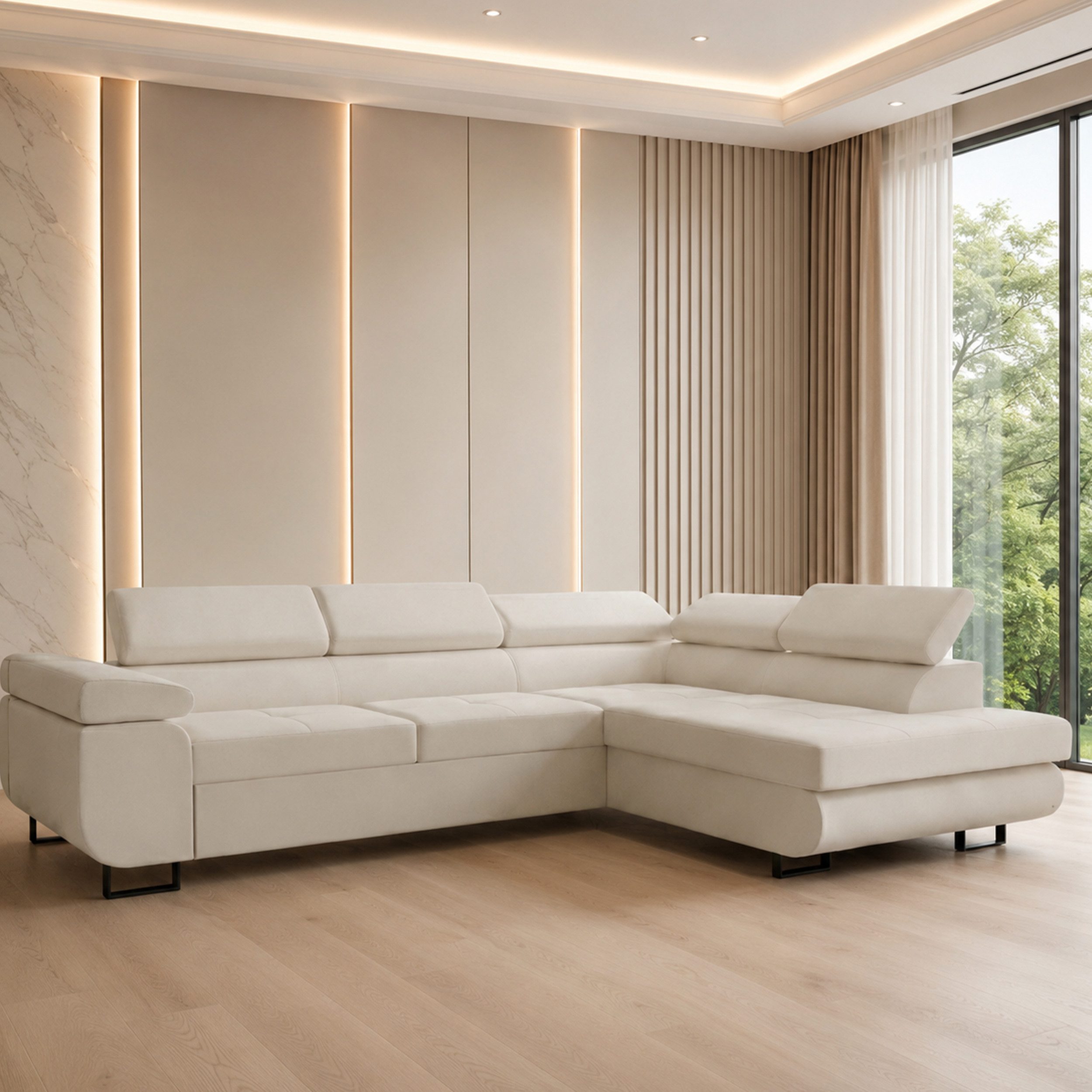 Goldstoff Ecksofa mit Schlaffunktion - Designersofa, Sofa mit Bettfunktion & Bettkasten, Schlafsofa RIVIA, multifunktionale Couch mit verstellbaren Kopfstützen in beige