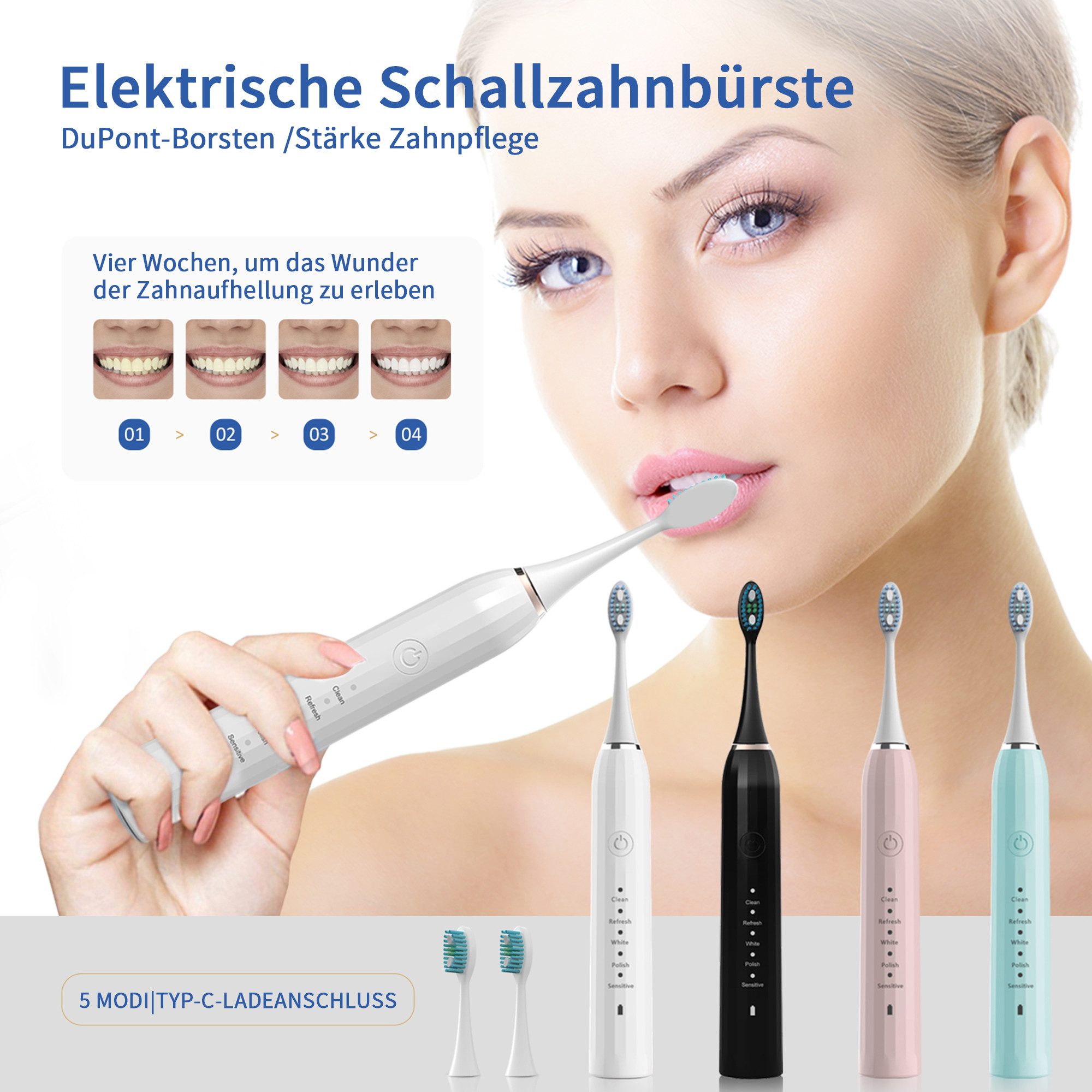 BRAIDOL Elektrische Zahnbürste Zahnbürste,Schallzahnbürste für Zahnpflege, Aufsteckbürsten: 6 St., Electric toothbrush für Erwachsene,5 Putzmodi, Reise Zahnbürsten mit 6 Zahnbürstenkopf,2-Minuten-Timer