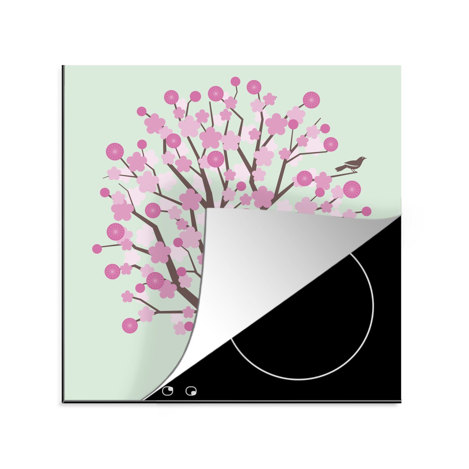 MuchoWow Herdblende-/Abdeckplatte Illustration eines Vogels auf einer Kirschblüte, Vinyl, (1 tlg), 78x78 cm, Ceranfeldabdeckung, Arbeitsplatte für küche