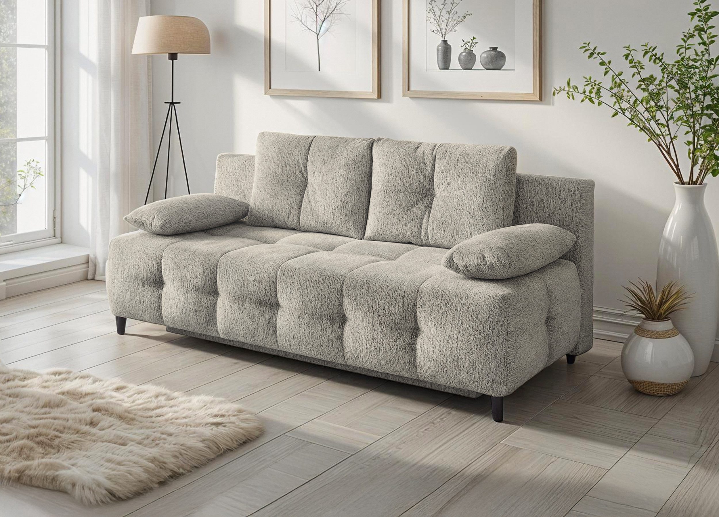 Massivart® Schlafsofa Chenille Grau 207 cm / Bettfunktion / Bettkasten & Federkern / PHIL, schwarze Metallfüße, Rücken echt bezogen, 4 Kissen