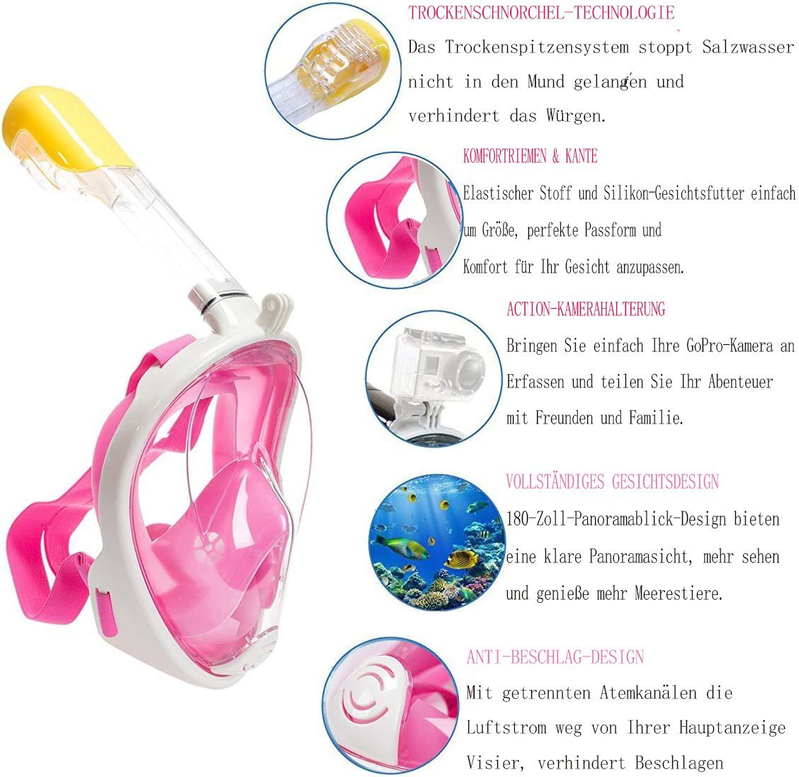 GelldG Tauchermaske Tauchmaske Schnorchelmaske Vollmaske Panorama-Vollgesichtsdesign mit pink