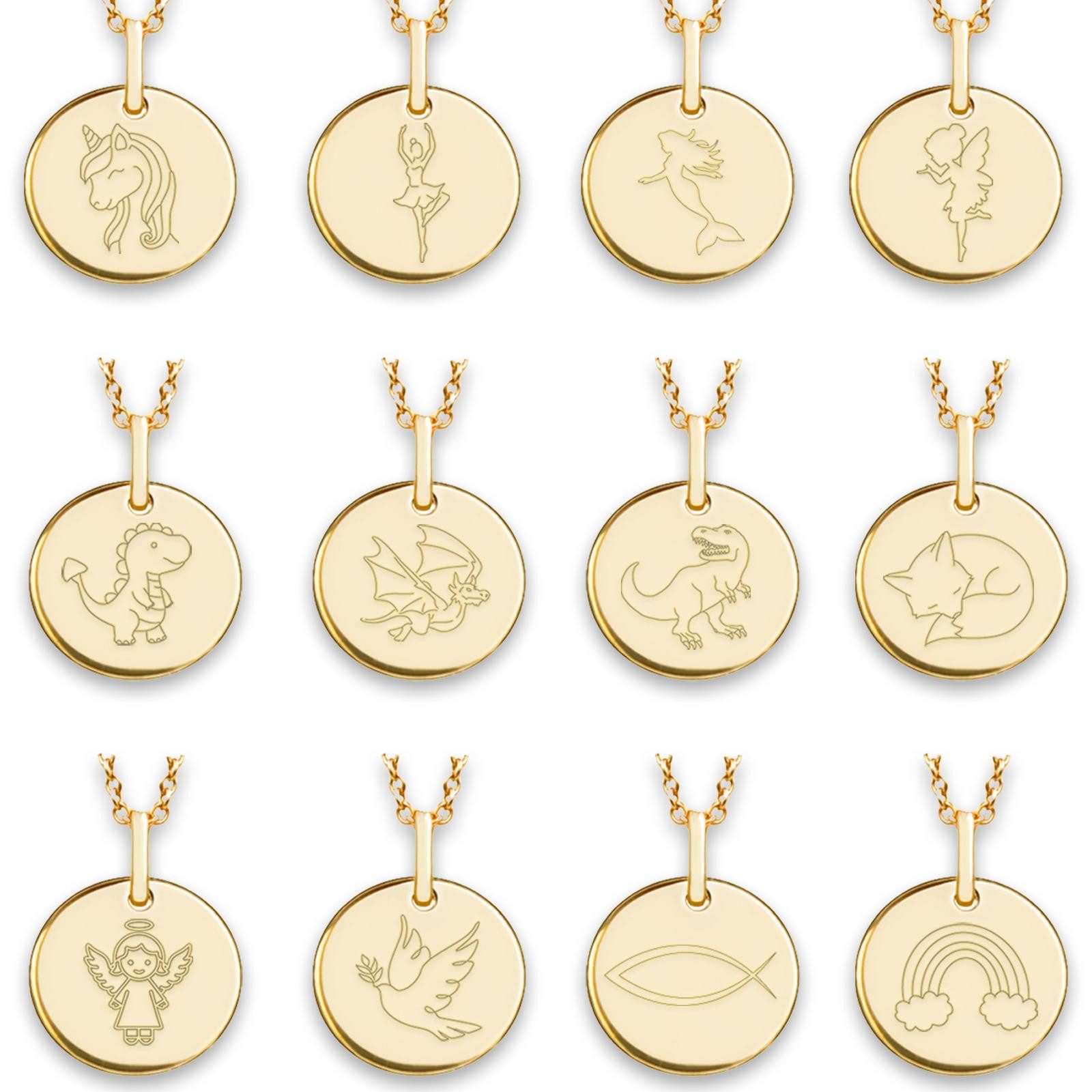 Amoonic Kette mit Anhänger Kinderkette Silber 925 mit Gravur – Geschenk für Mädchen & Jungen (inkl. Schmucktäschchen), Gelbgold vergoldete Kinderkette mit Gravursymbol Engel