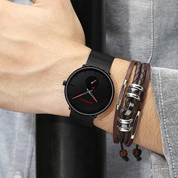 GelldG Quarzuhr Herren Uhren Ultra Dünne Schwarze Minimalistische Quarz Edelstahl, (Set, mit Armband)