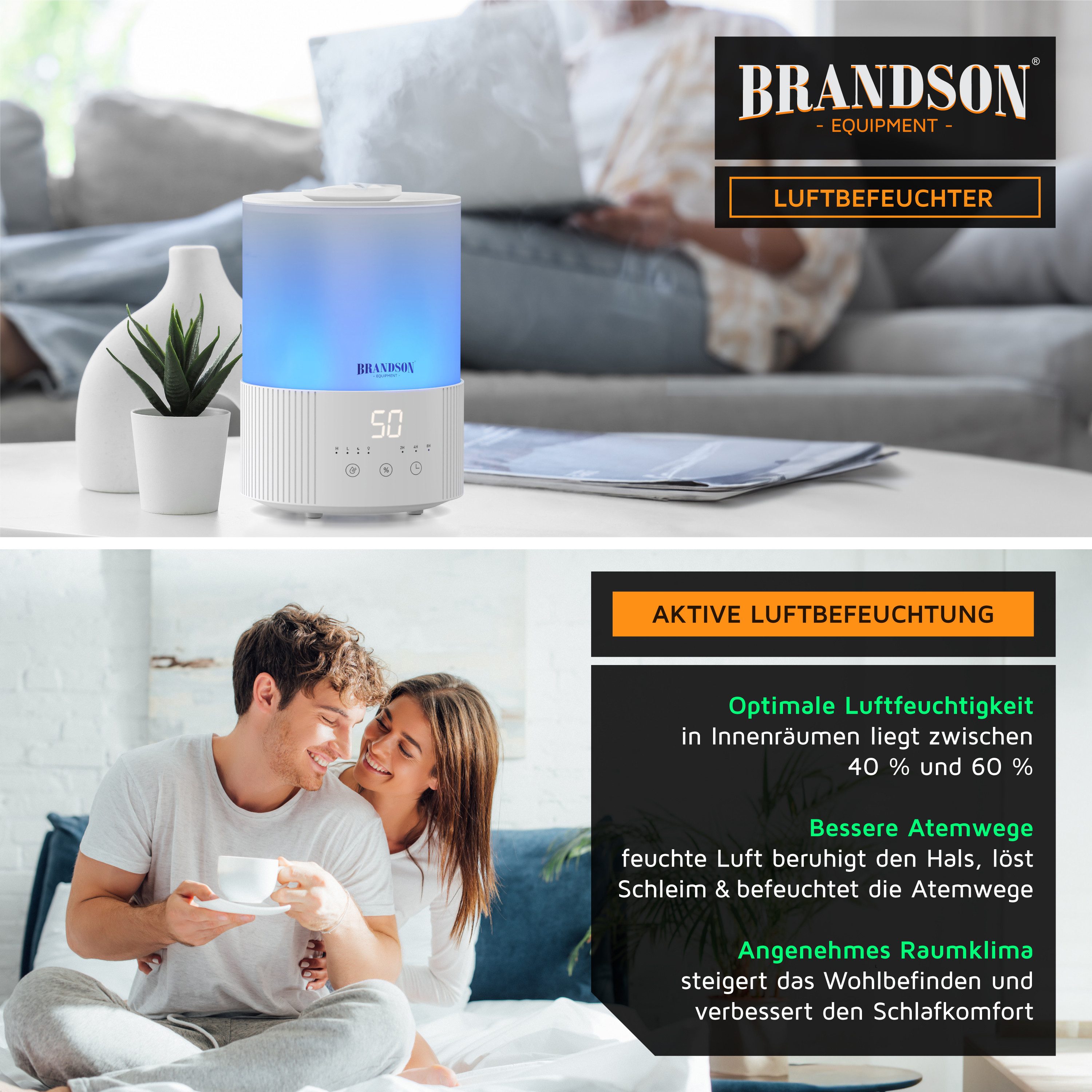 Brandson Luftbefeuchter Aroma Diffuser 2,5 L mit RGB Stimmungslicht, 2 Nebelstufen, sehr leise, 2.5 l Wassertank, Timer, Fernbedienung, für Wohnzimmer, Kinderzimmer und Schlafzimmer