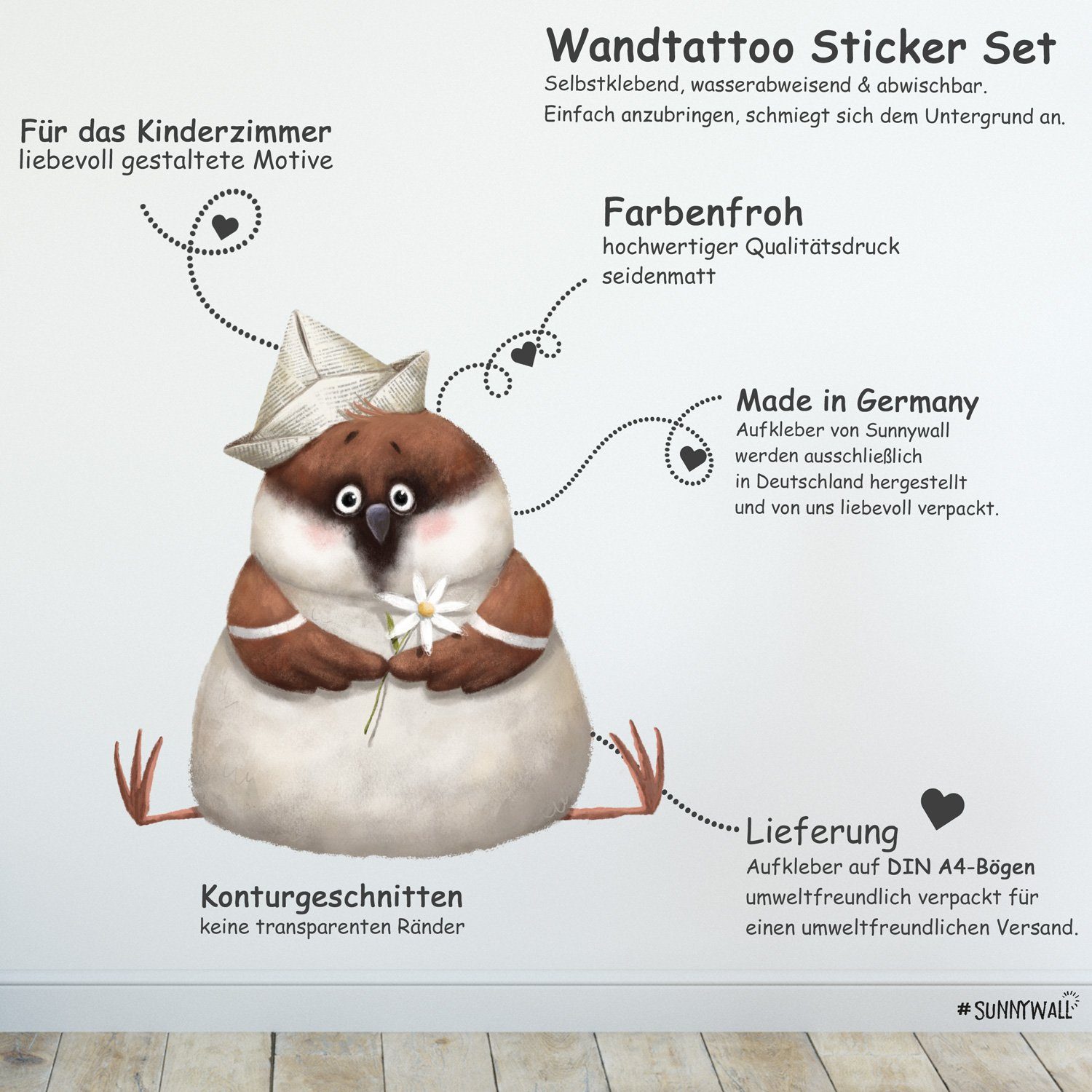 Sunnywall Wandtattoo Spatz Jack the Sparrow Vogel Wandsticker für Wohn- und Kinderzimmer