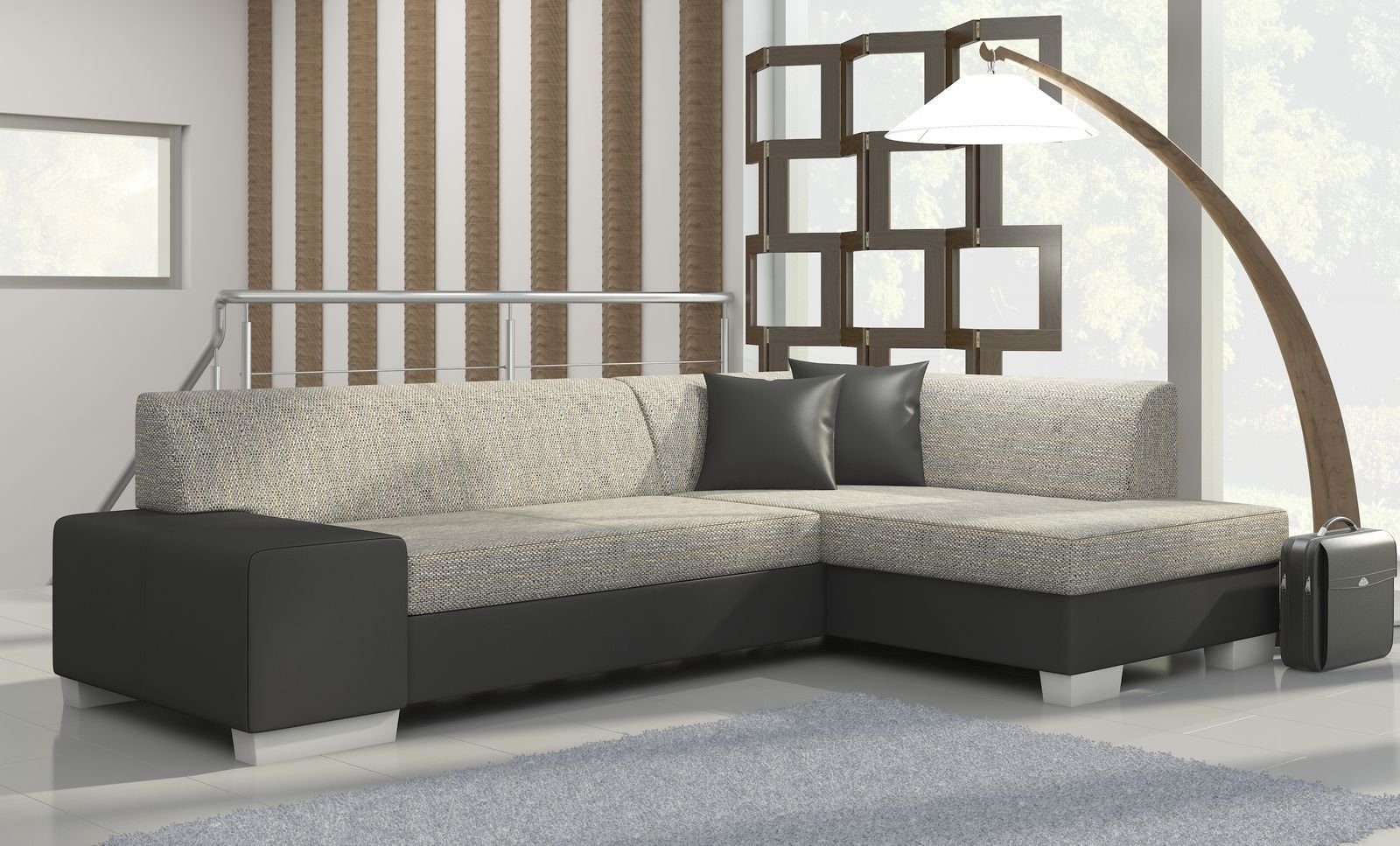 JVmoebel Ecksofa, Design Couch Bettfunktion Ecksofa / Polster Textil Hellgrau Schlafsofa Leder Schwarz