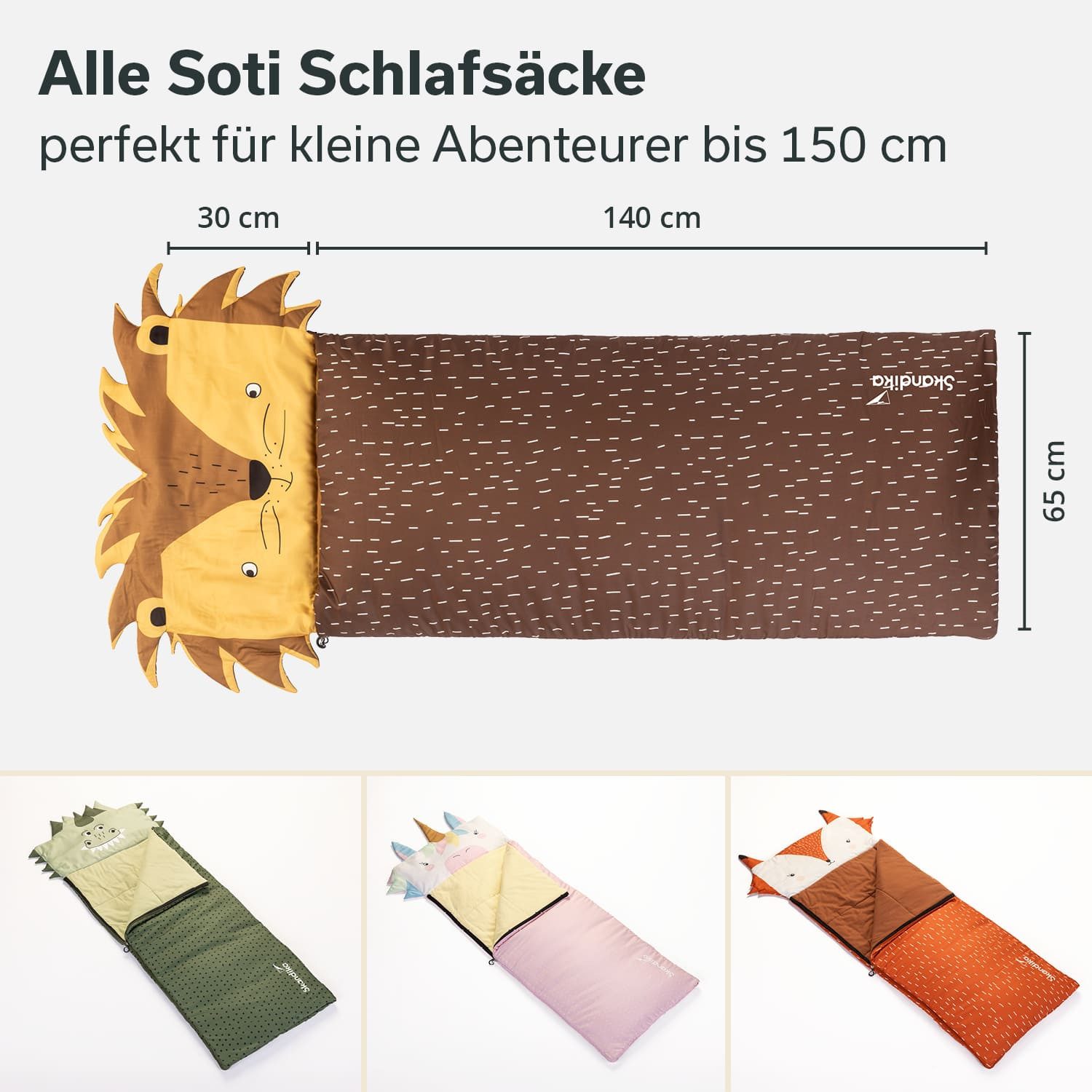 Skandika Kinderschlafsack Soti, für Kinder bis 150 cm, Kopfkissen, buntes Design Löwe (maschinenwaschbar, Kopfteil, in Tierform und mit Tiermotiv bedruckt), mit Baumwollflanell, Komfort-Temperaturen von 13 °C bis 3 °C