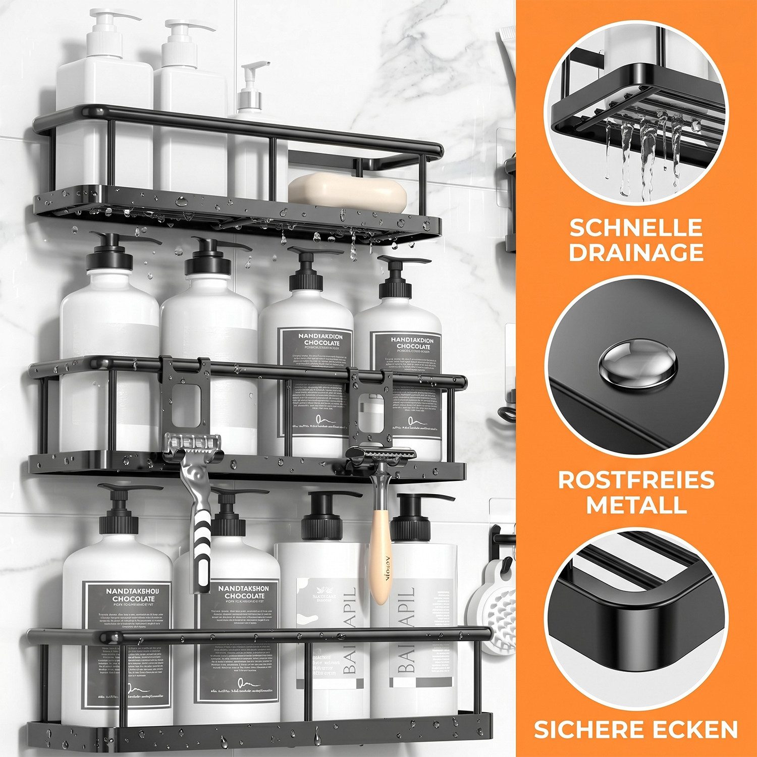 AKKEE Duschablage 6 Stuck, Duschregal Ohne Bohren Badezimmer Organizer, Badezimmerregal Duschkorb für Bäder Küchen