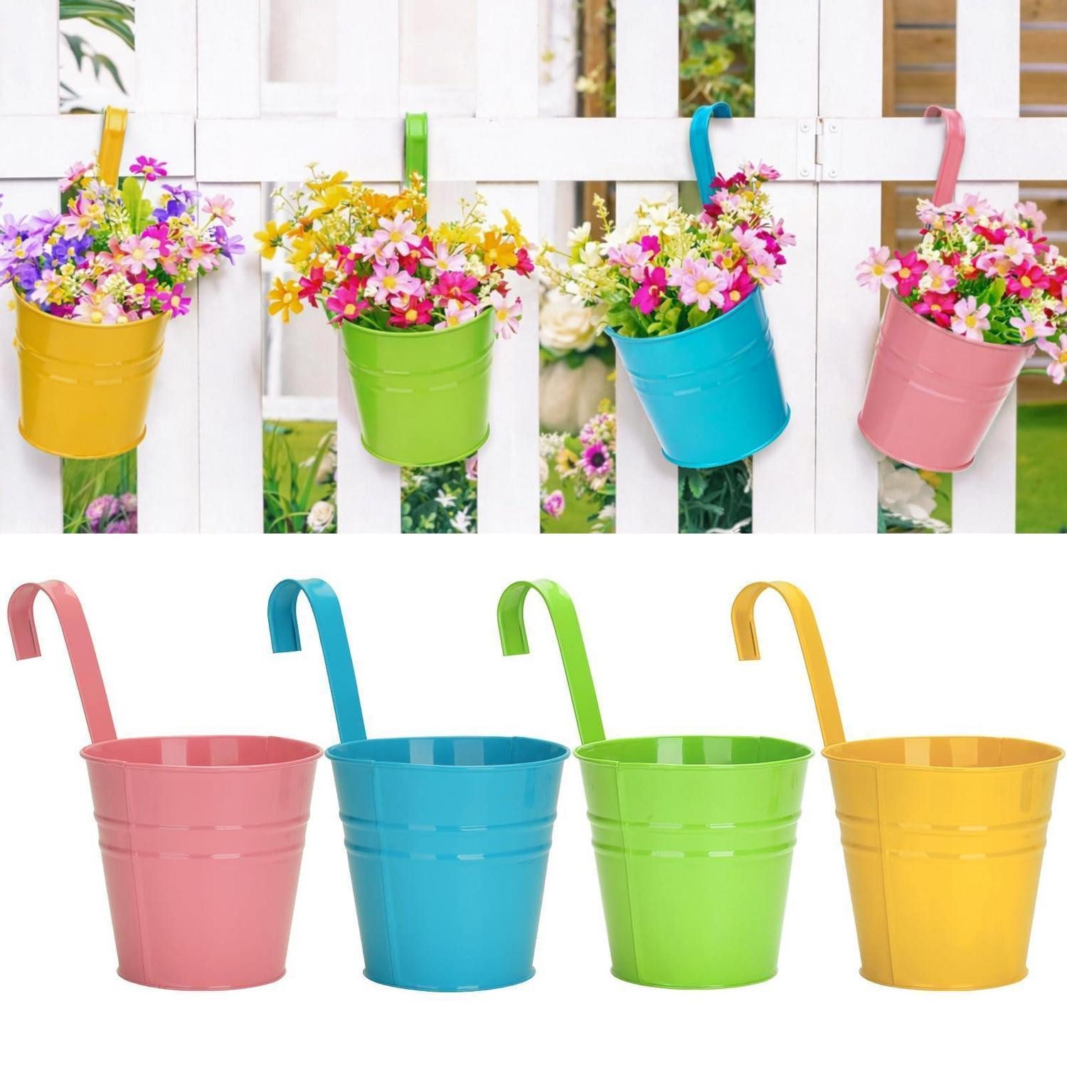 LuxusKollektion Blumentopf Blumentöpfe Hängetopf Metall Haken Loch Balkon Geländer 4er Bunt 10cm