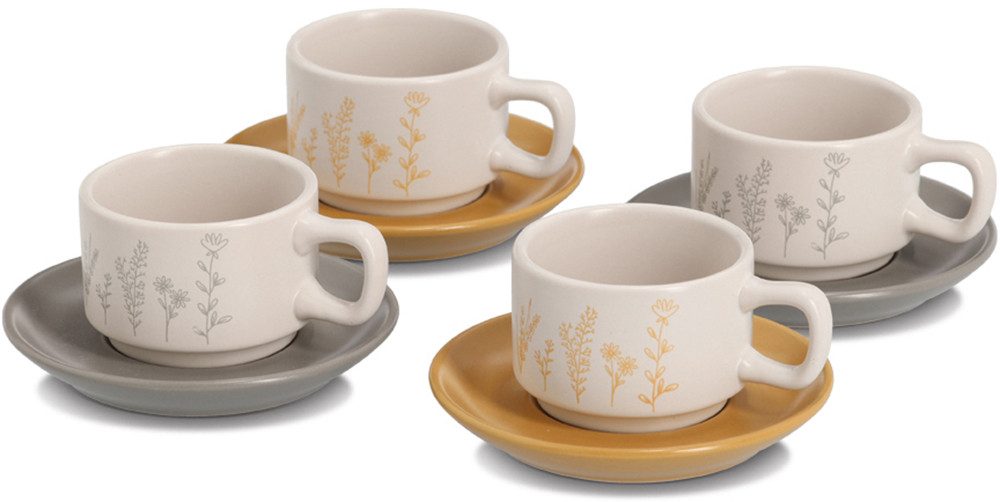 Zeller Present Espressotasse Espresso-Set "Flowers", 8-tlg., Steingut, Steingut, zarte Blumenmotive
