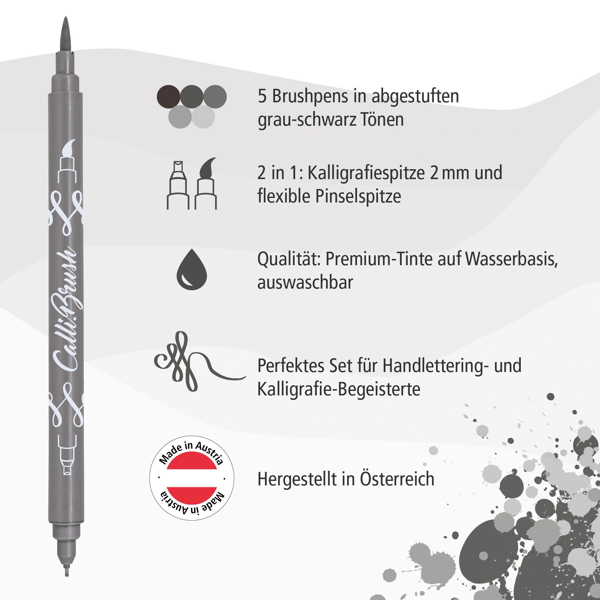Grey Pens, verschiedene Calli.Brush, 5x Pen Brush Fineliner Online bunte Set, Stifte Spitzen Handlettering