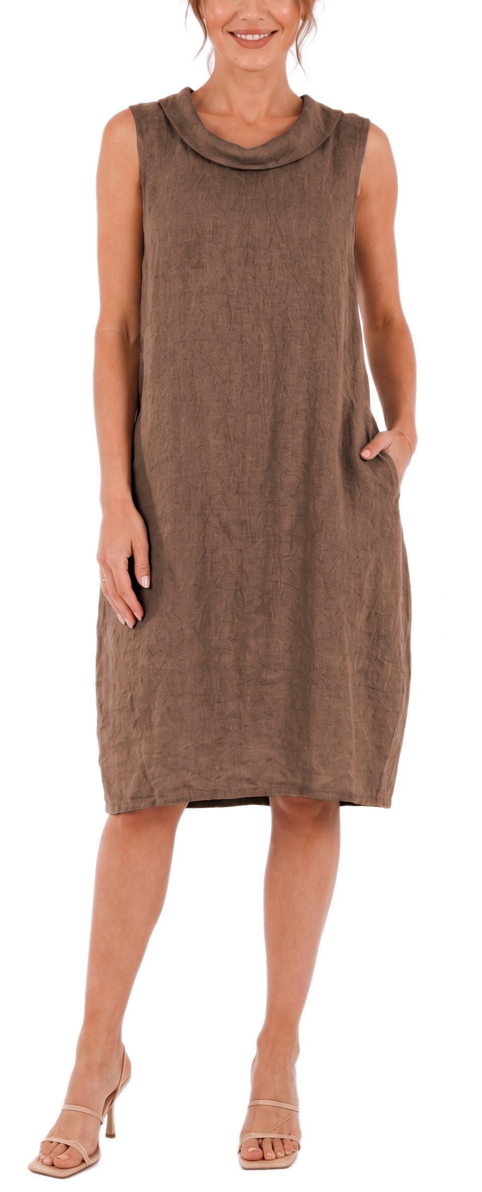 dy_mode Midikleid Damen Leinenkleid Luftiges Midi Sommerkleid Ballonkleid Strandkleid in Unifarbe, Wasserfallkragen, mit seitlichen Eingriffstaschen