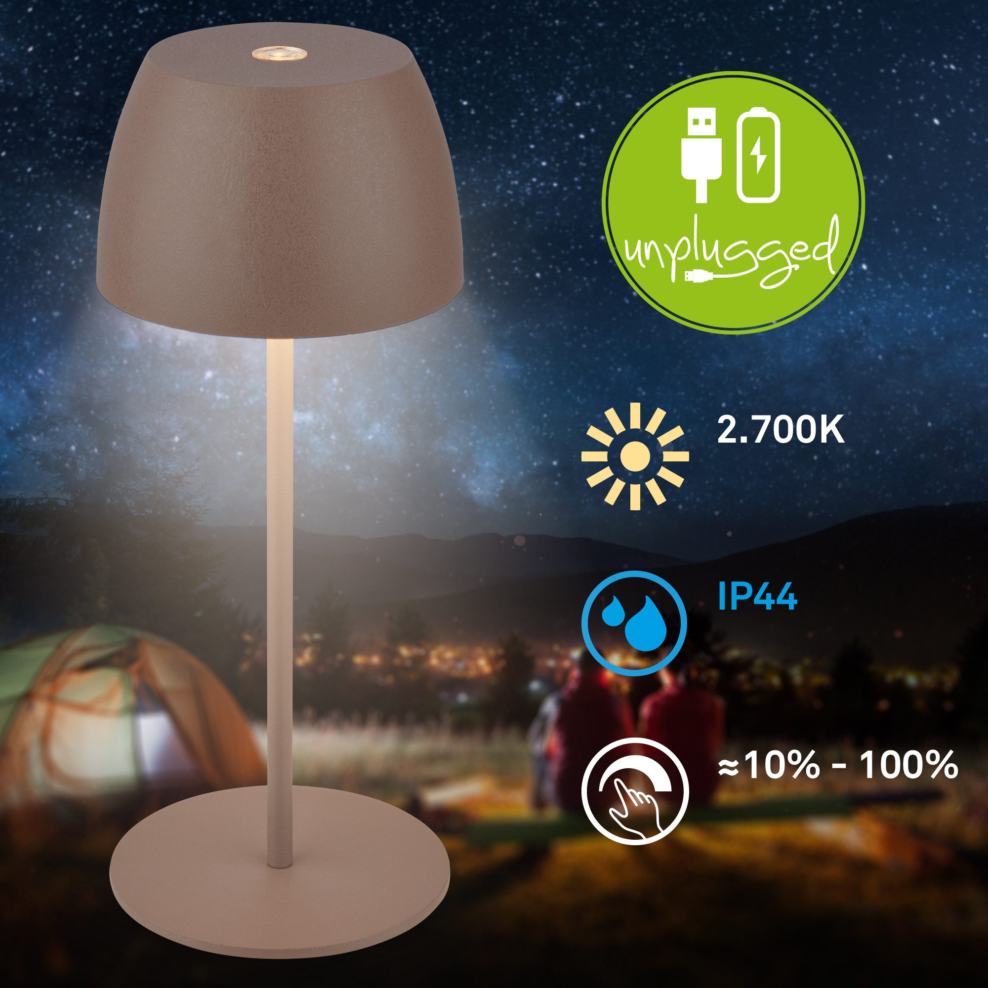 Briloner Leuchten Tischleuchte Akku Tischlampe dimmbar kabellos Außen/Innen, Ladekabel, LED fest integriert, 2700K - Extra - Warmweiß, Tischlampe kabellos 20 x 8 cm Umbrasand 2,5W Wohnzimmer Schlafzimmer