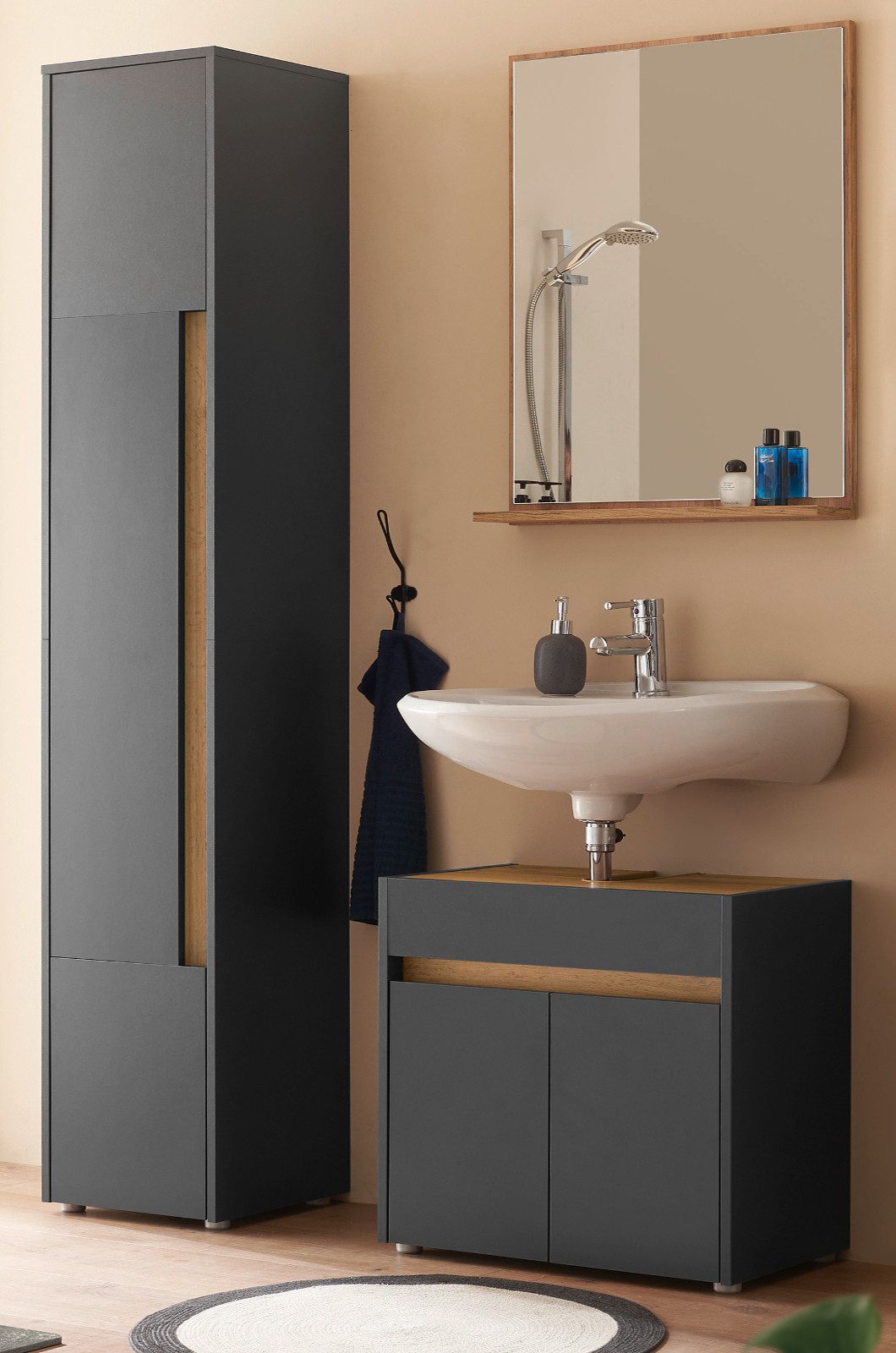 Furn.Design Badmöbel-Set Center, (Badezimmer in grau mit Wotan Eiche, 3-St., Breite 90 - 120 cm, Höhe 200 cm), Melaminbeschichtung, mit viel Stauraum